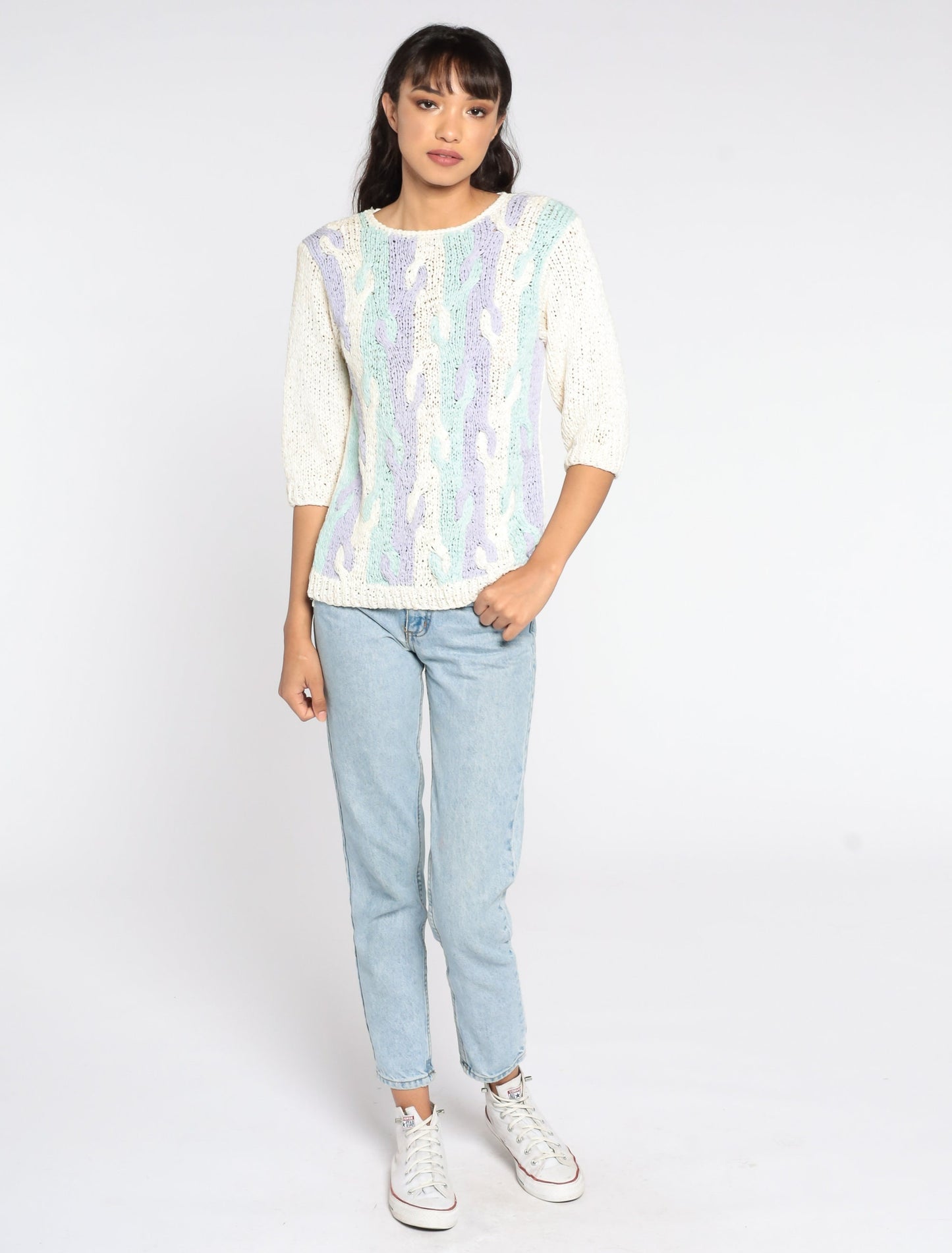 80s Pastel Abstract Cable Knit Sweater Blue Purple 3/4 Sleeve Medium