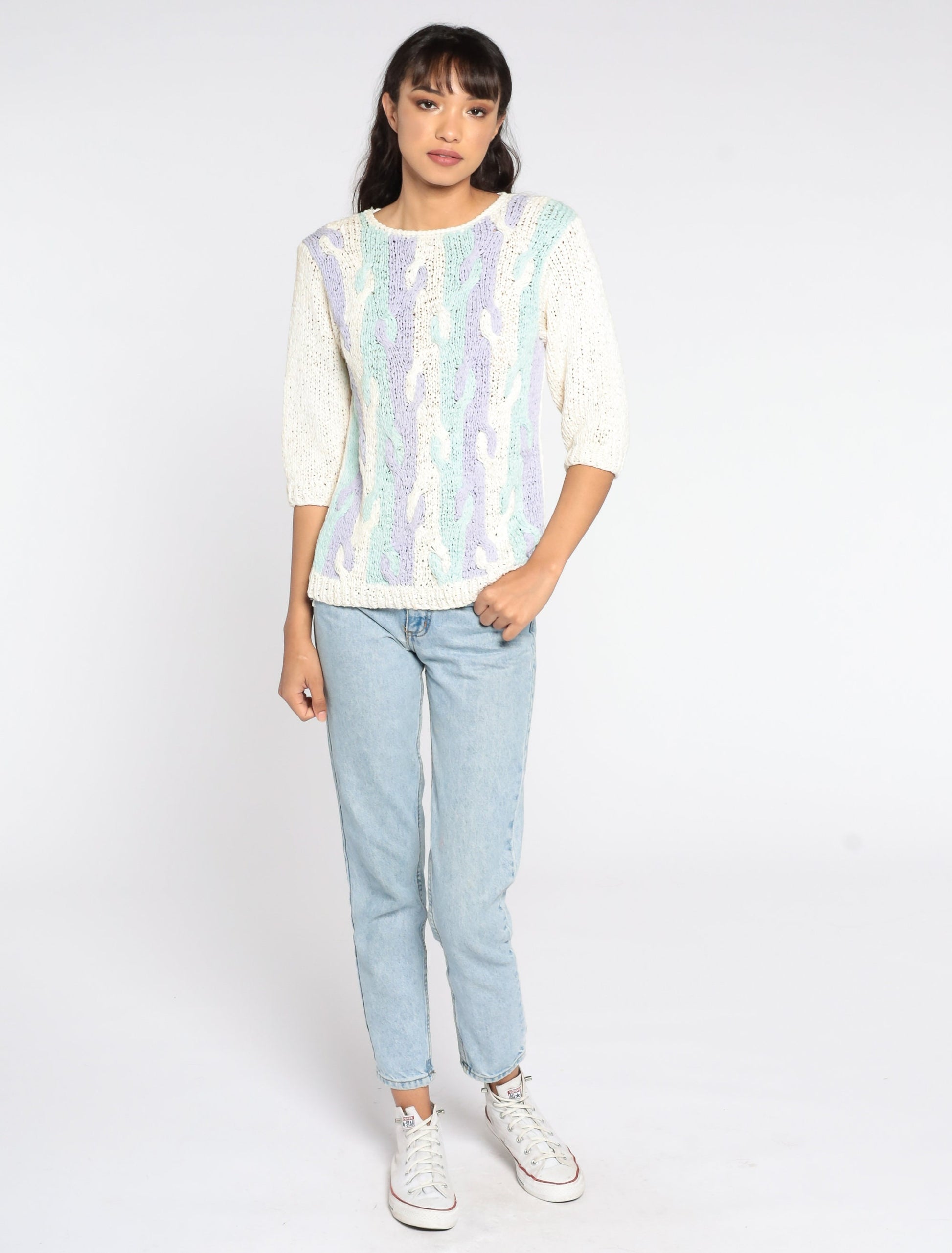 80s Pastel Abstract Cable Knit Sweater Blue Purple 3/4 Sleeve Medium