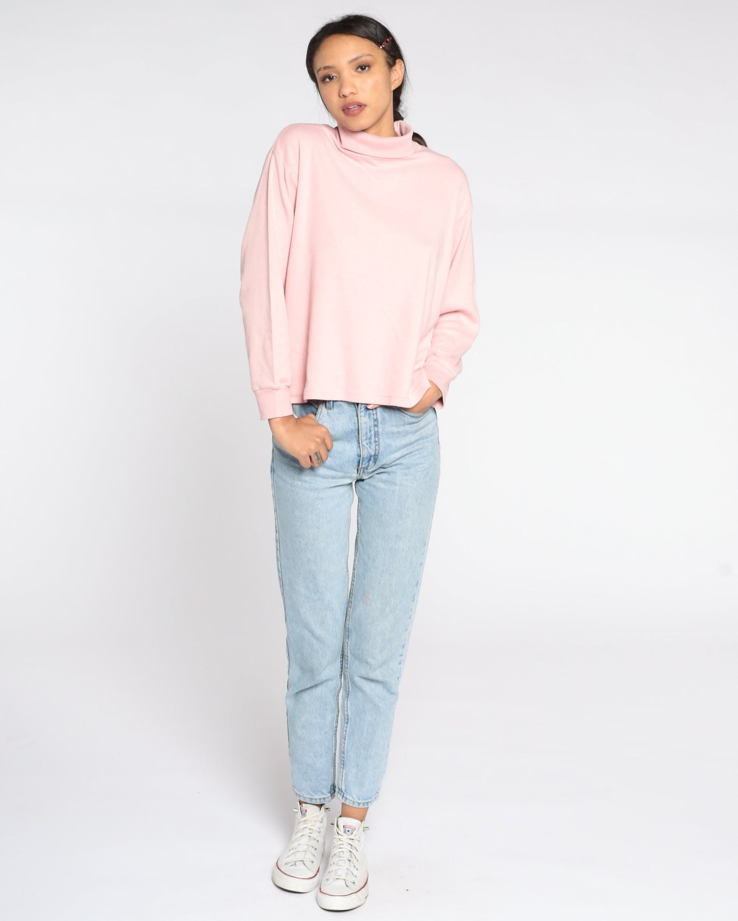 80s Baby Pink Turtleneck Long Sleeve Shirt Cotton Blend Large L