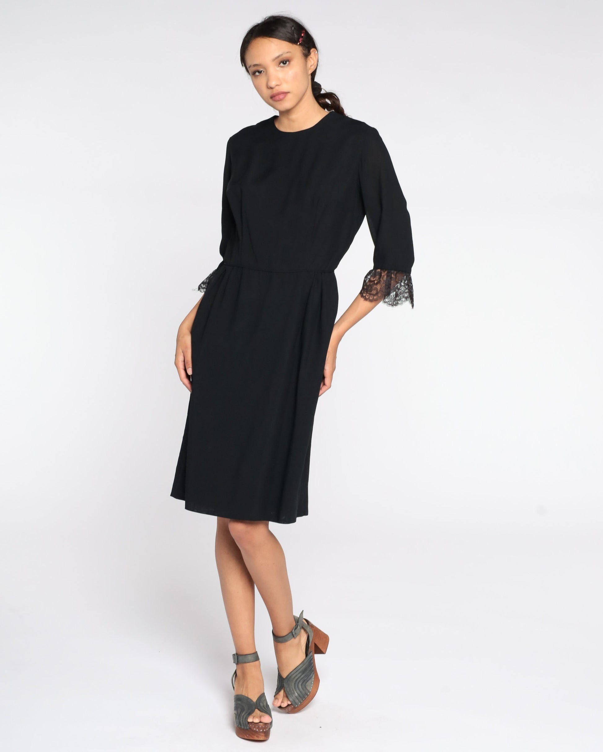 1960s Black Lace Sheath Dress High Waist Tea Length Small