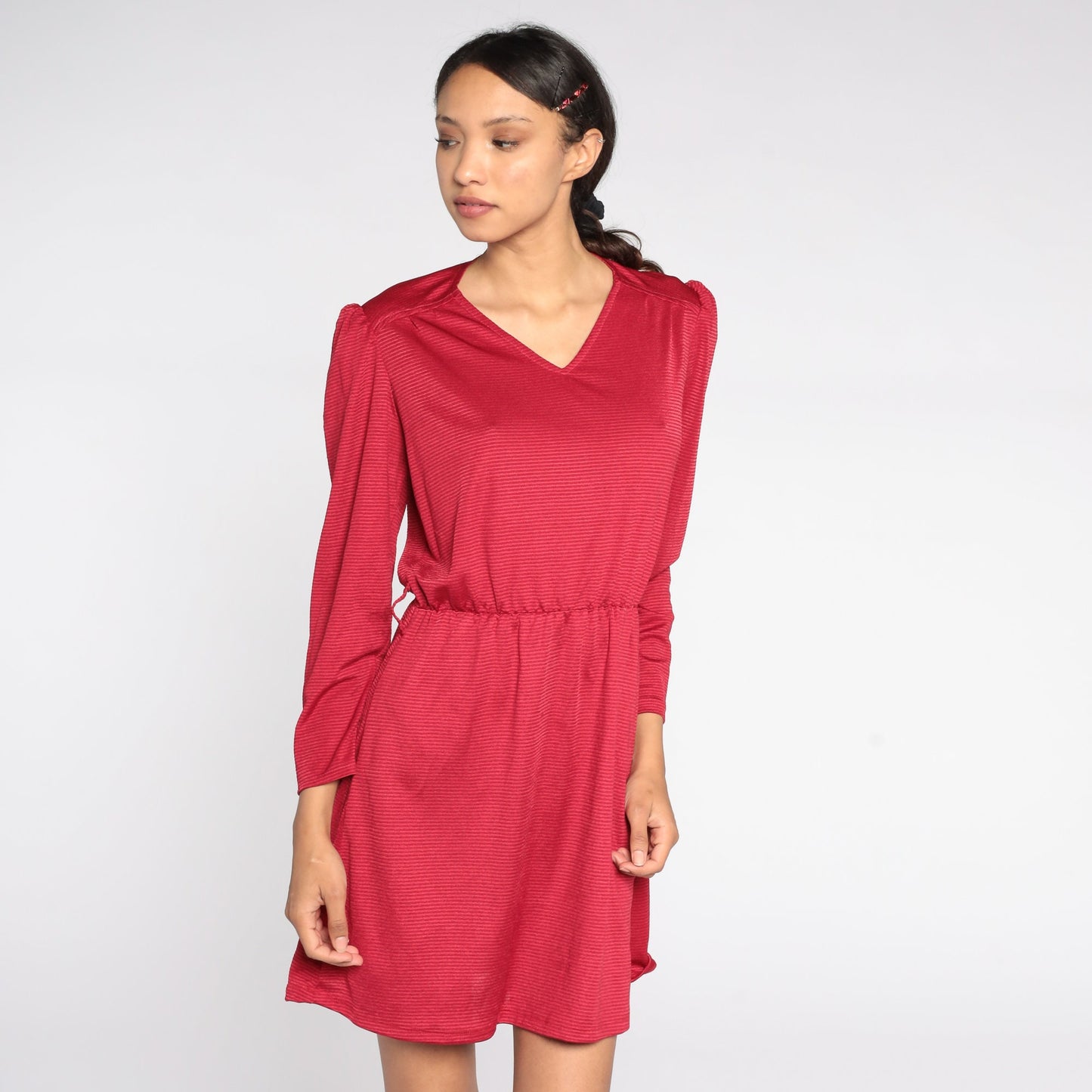 80s Cherry Red Striped Mini Dress Puff Sleeve V-Neck Elastic Waist Small