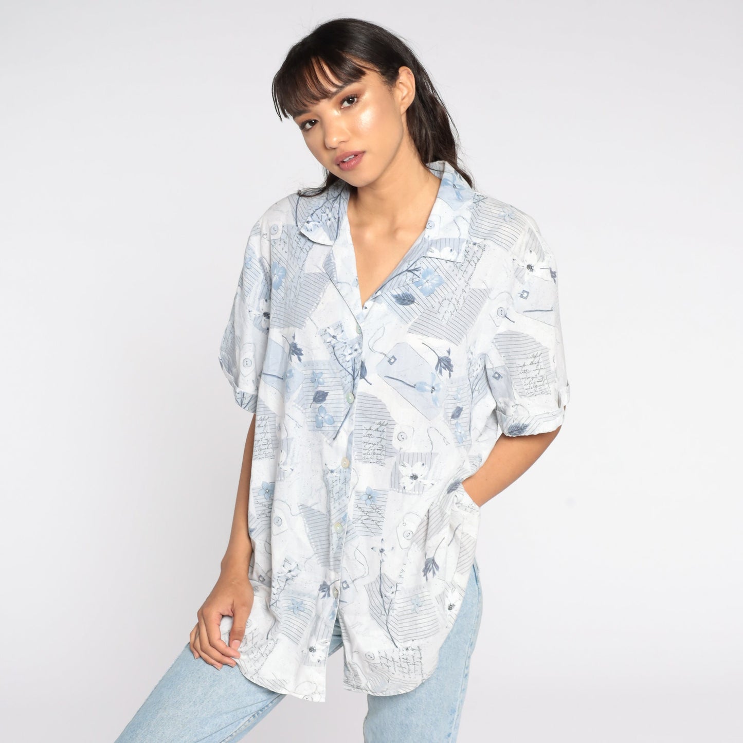 90s Floral Button Up Shirt Plus Size White Blue Short Sleeve Blouse XXL