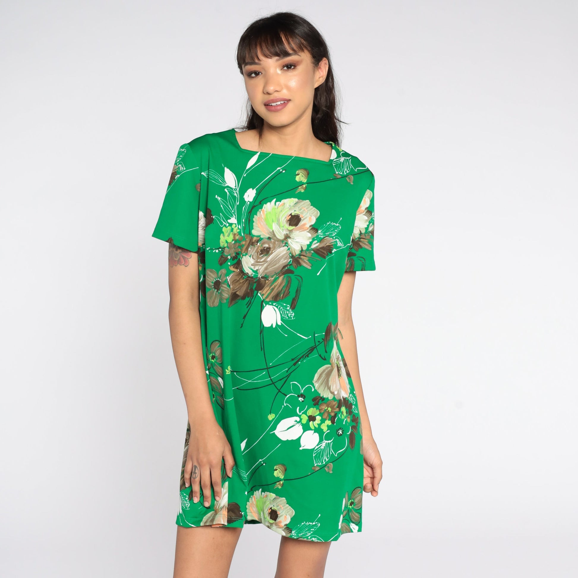 60s Mod Mini Shift Dress Green Floral Print Short Sleeve Medium Large