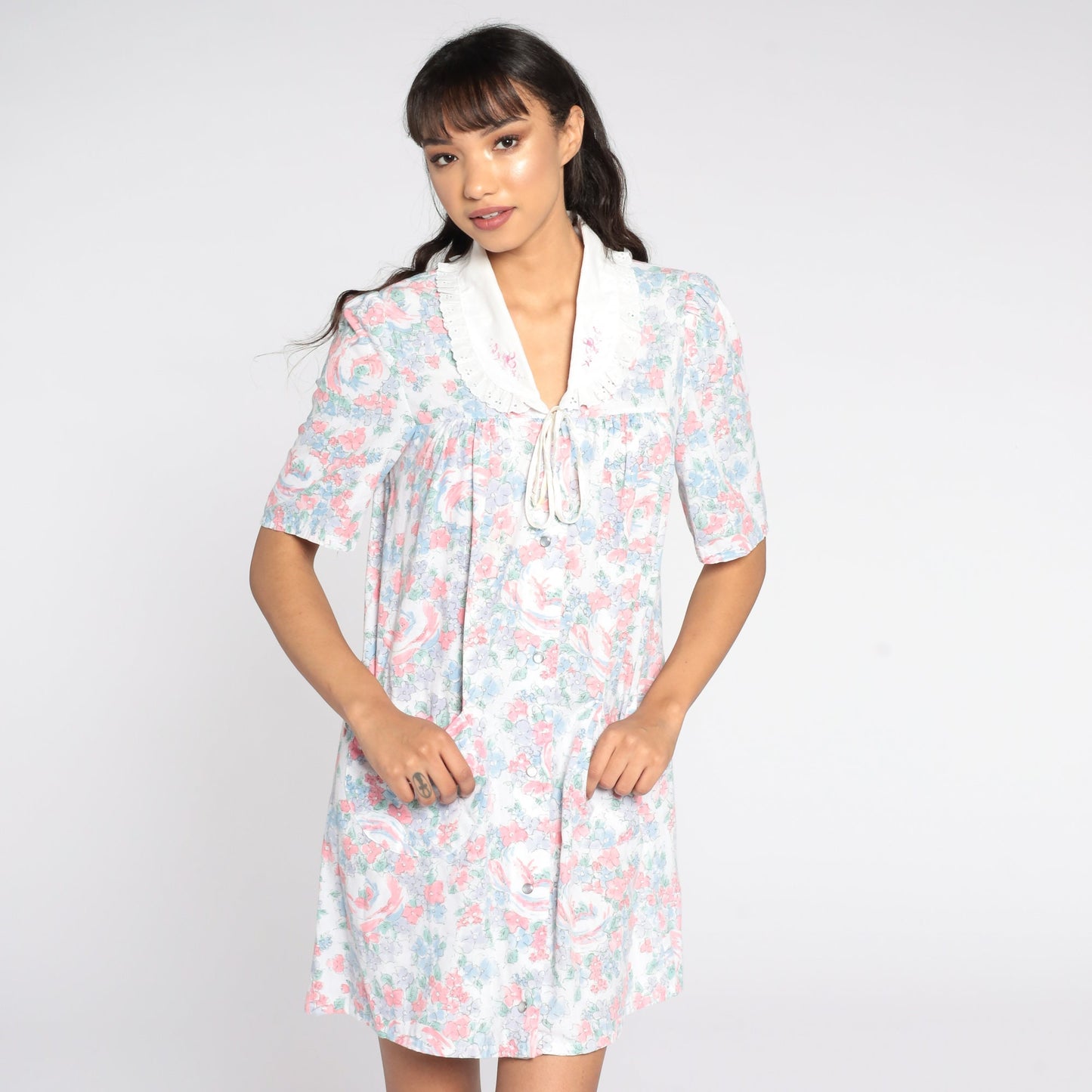80s Floral Mini Dress Lace Collar Short Sleeve Cotton Small