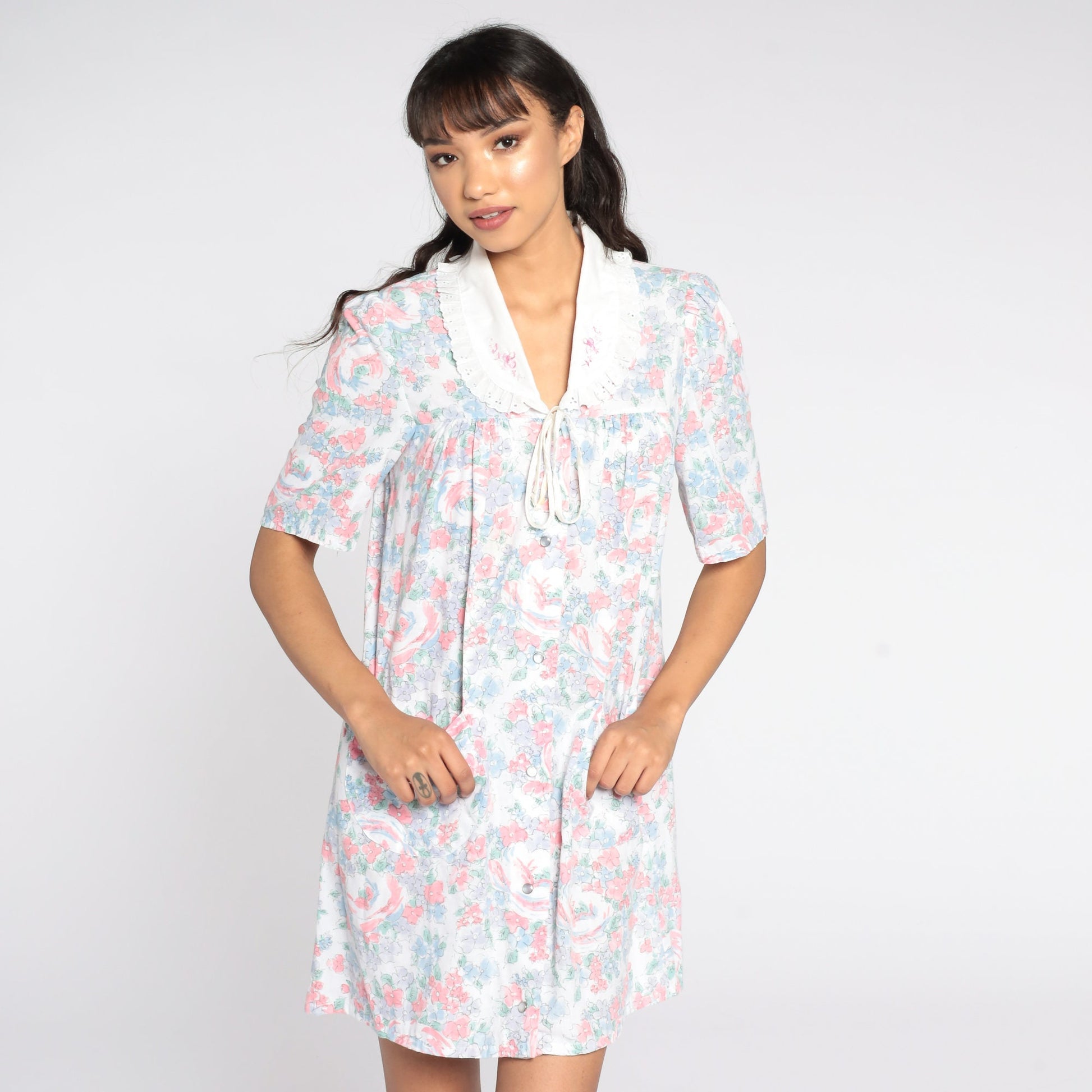 80s Floral Mini Dress Lace Collar Short Sleeve Cotton Small