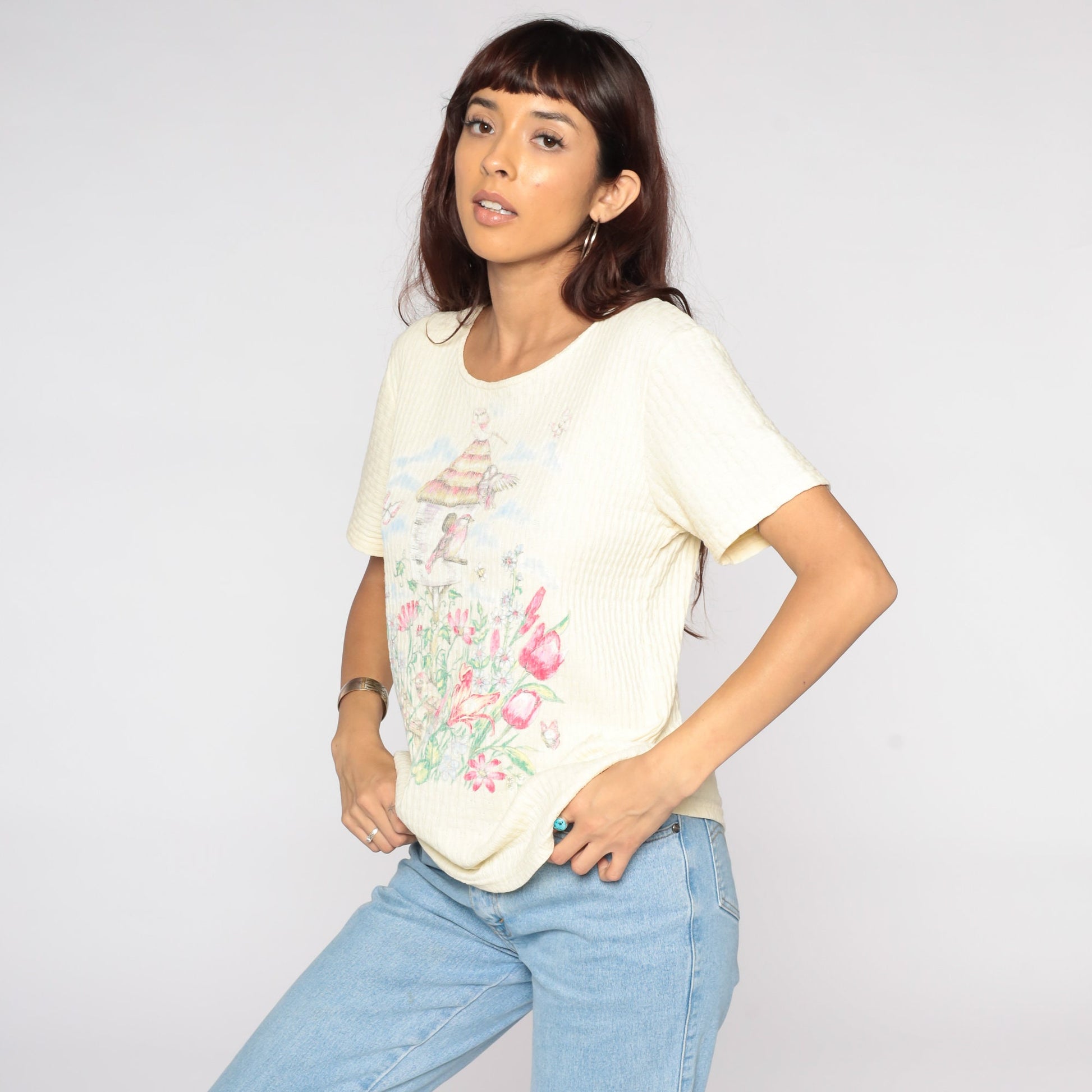 90s Yellow Floral Bird Graphic T-Shirt Ribbed Knit Small S