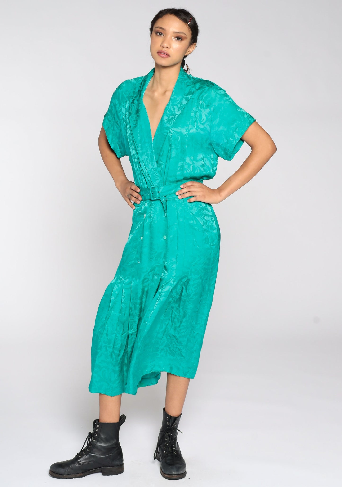 80s Green Wrap Dress High Waisted Deep V Neck Midi Embossed Extra Large