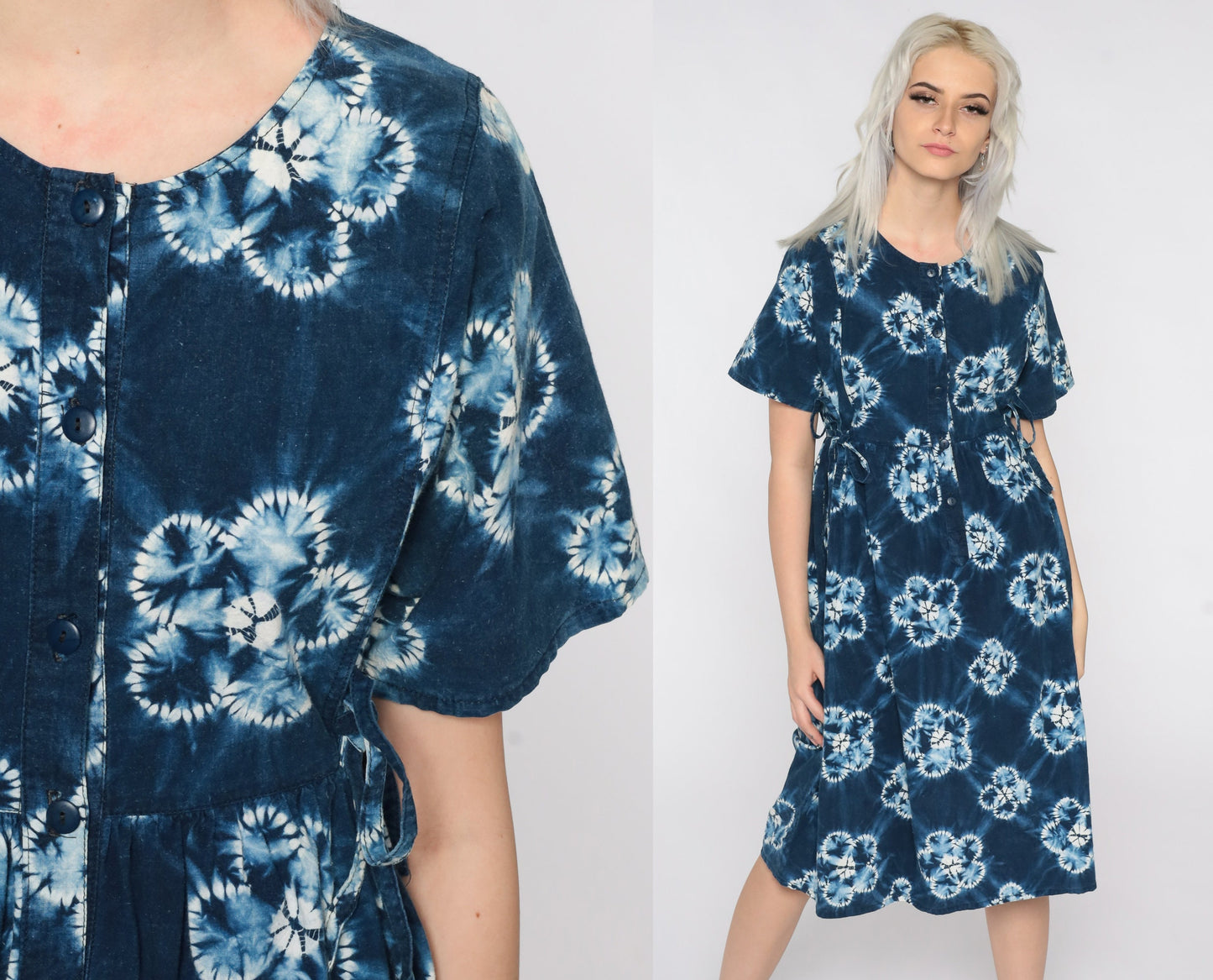 90s Tie Dye Midi Dress Blue Floral Empire Waist Button Front Cotton Medium