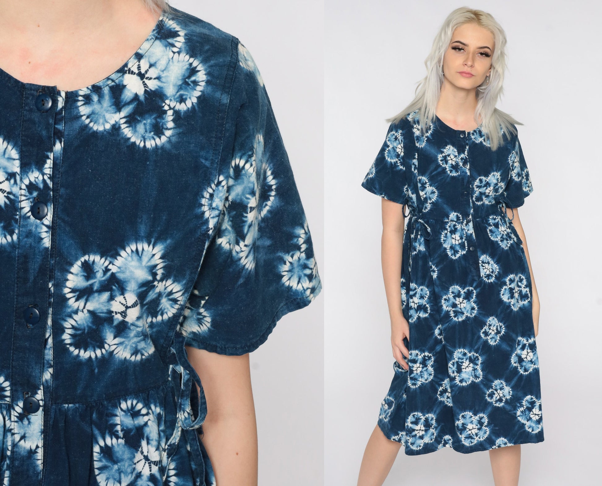 90s Tie Dye Midi Dress Blue Floral Empire Waist Button Front Cotton Medium