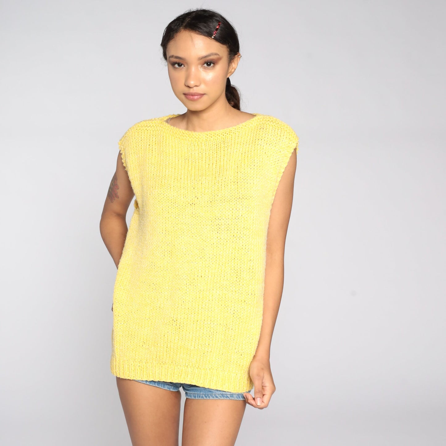 80s Yellow Knit Sweater Cap Sleeve Boat Neck Top Medium