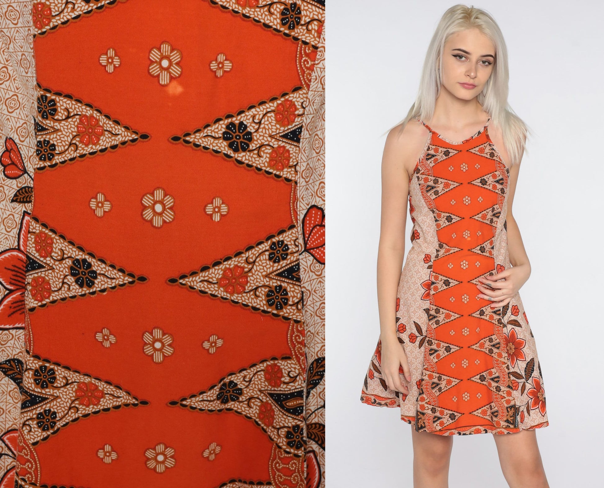 90s Batik Floral Mini Sundress Orange Sleeveless Shift Extra Small