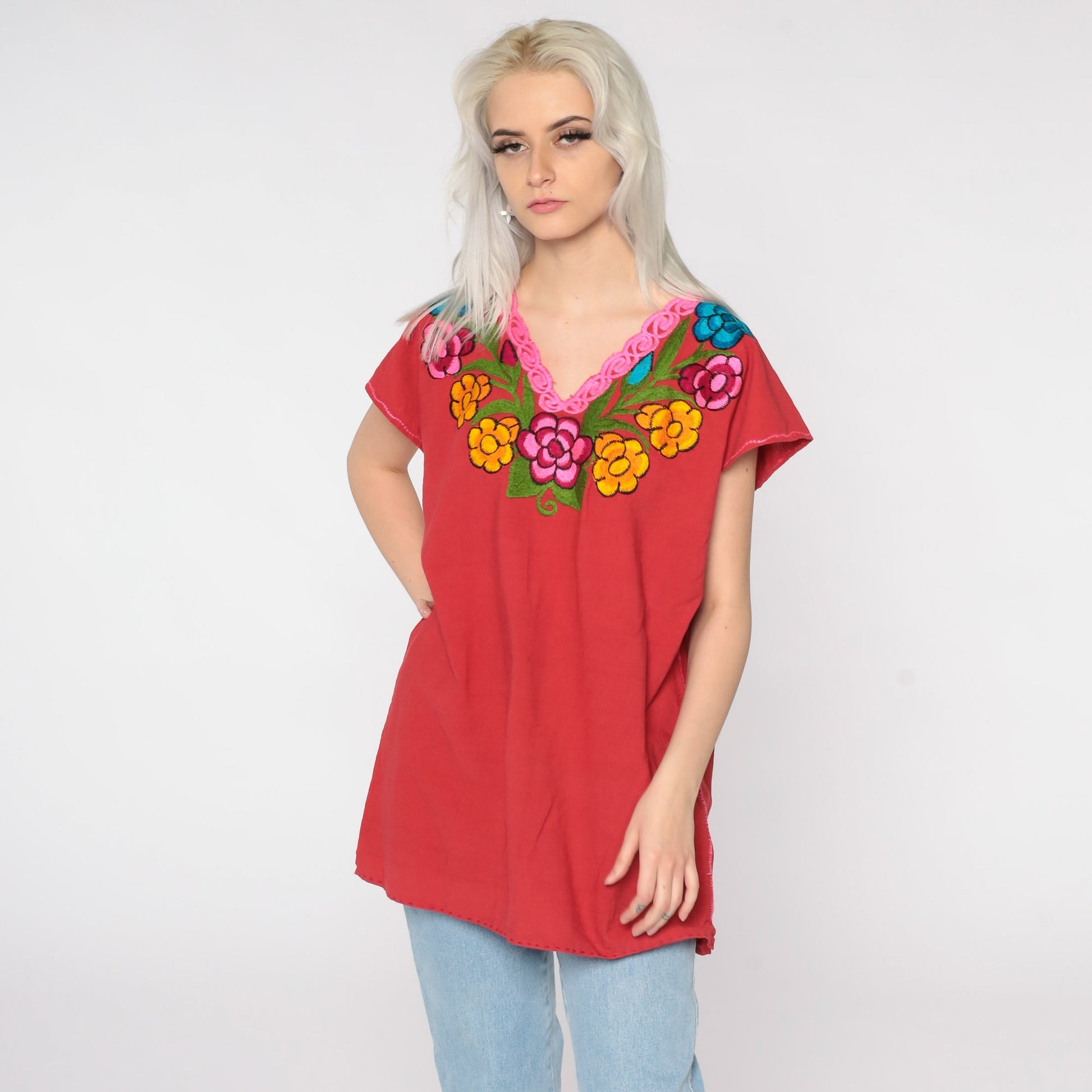 80s Red Embroidered Mexican Cotton Tunic Blouse Floral Short Sleeve Large