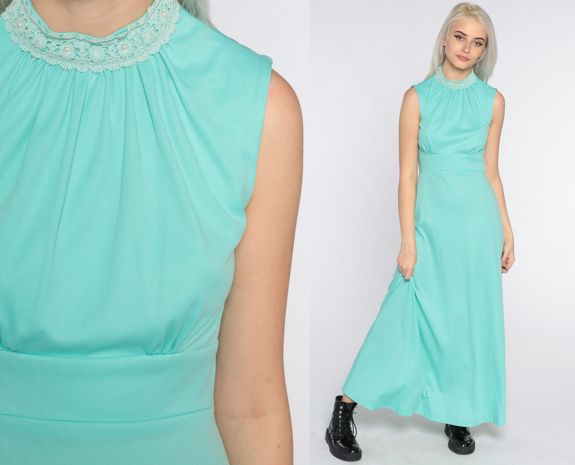 70s Seafoam Maxi Dress Empire Waist Crochet Collar Sleeveless Small
