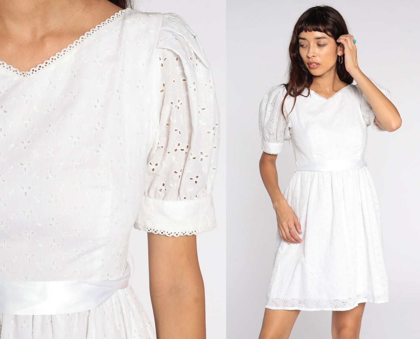 80s Lanz White Eyelet Midi Dress Puff Sleeve High Waist Extra Small