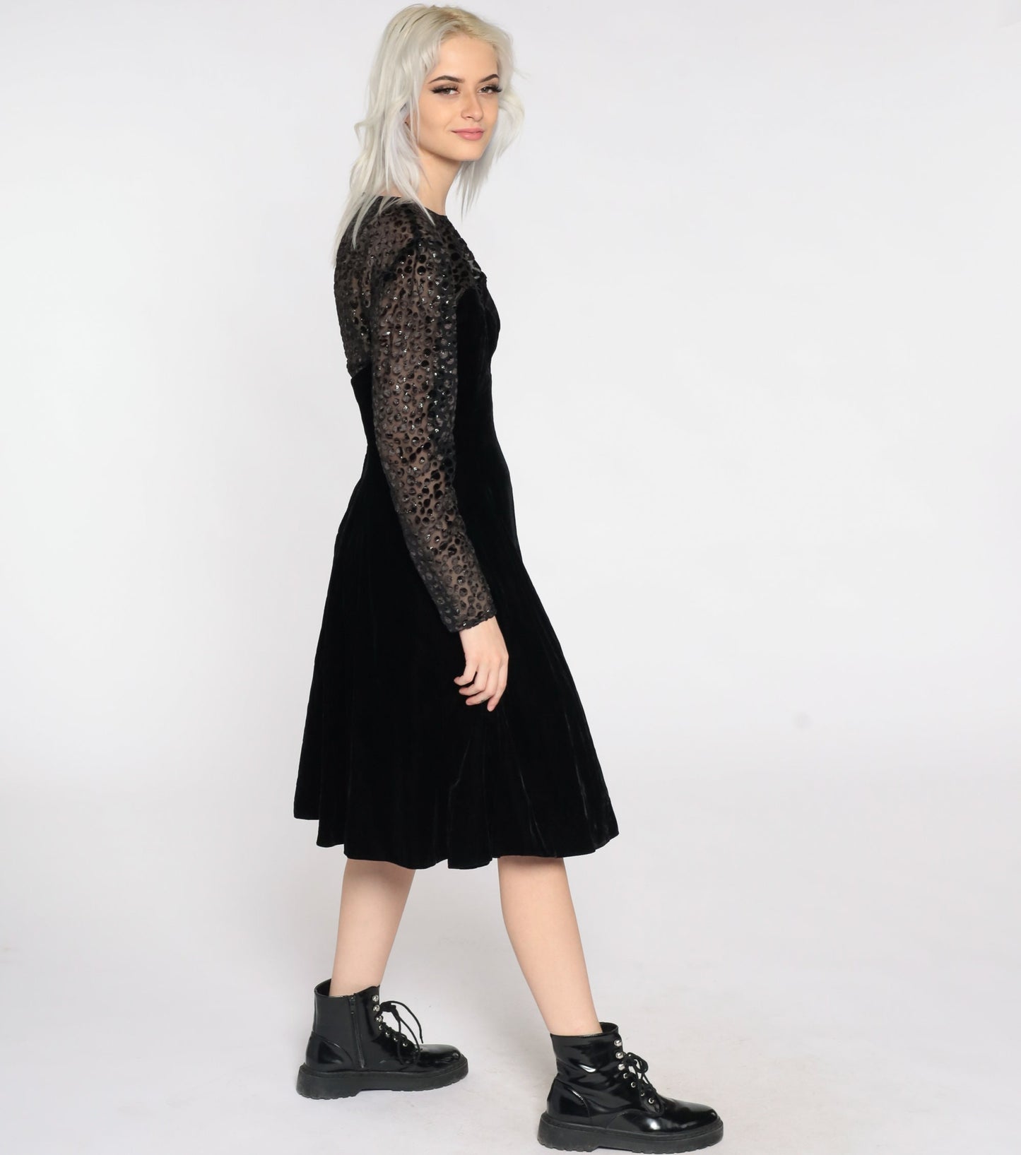 80s Black Velvet Party Dress Illusion Neckline Midi Long Sleeve Small 4