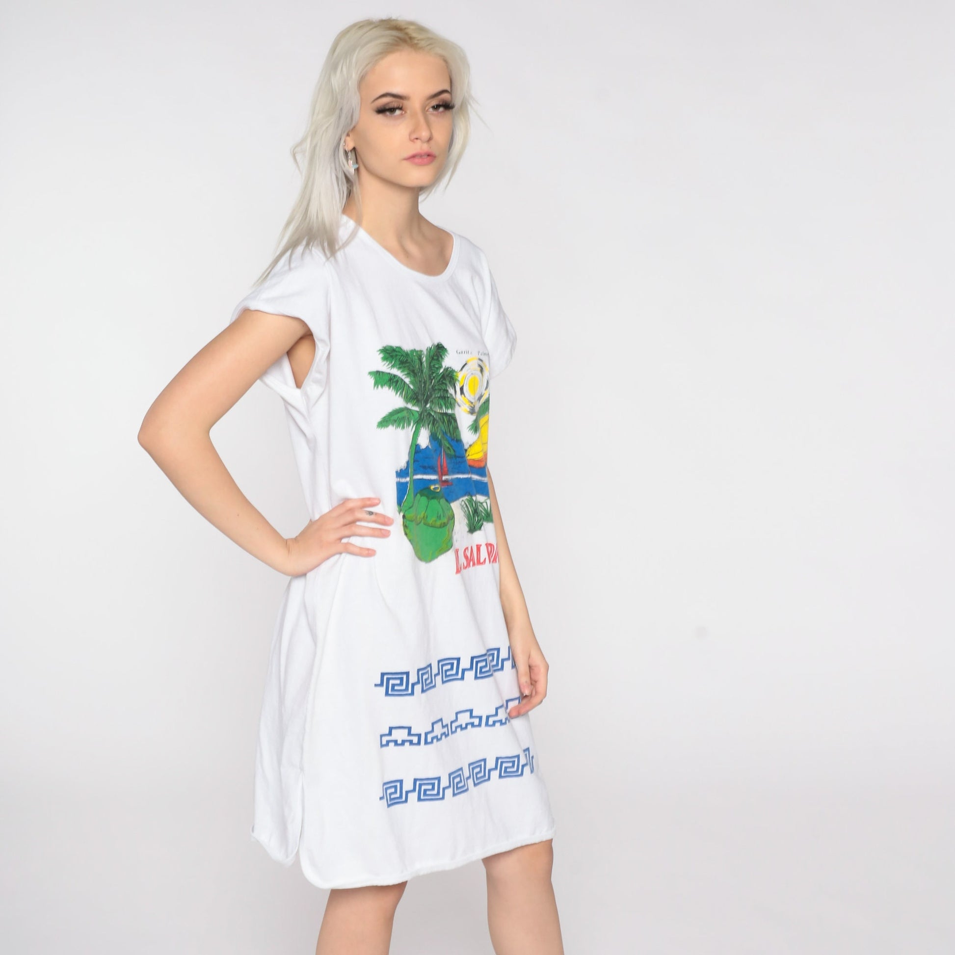 80s El Salvador Tropical Palm Tree Graphic T-Shirt Dress Cotton Medium Large