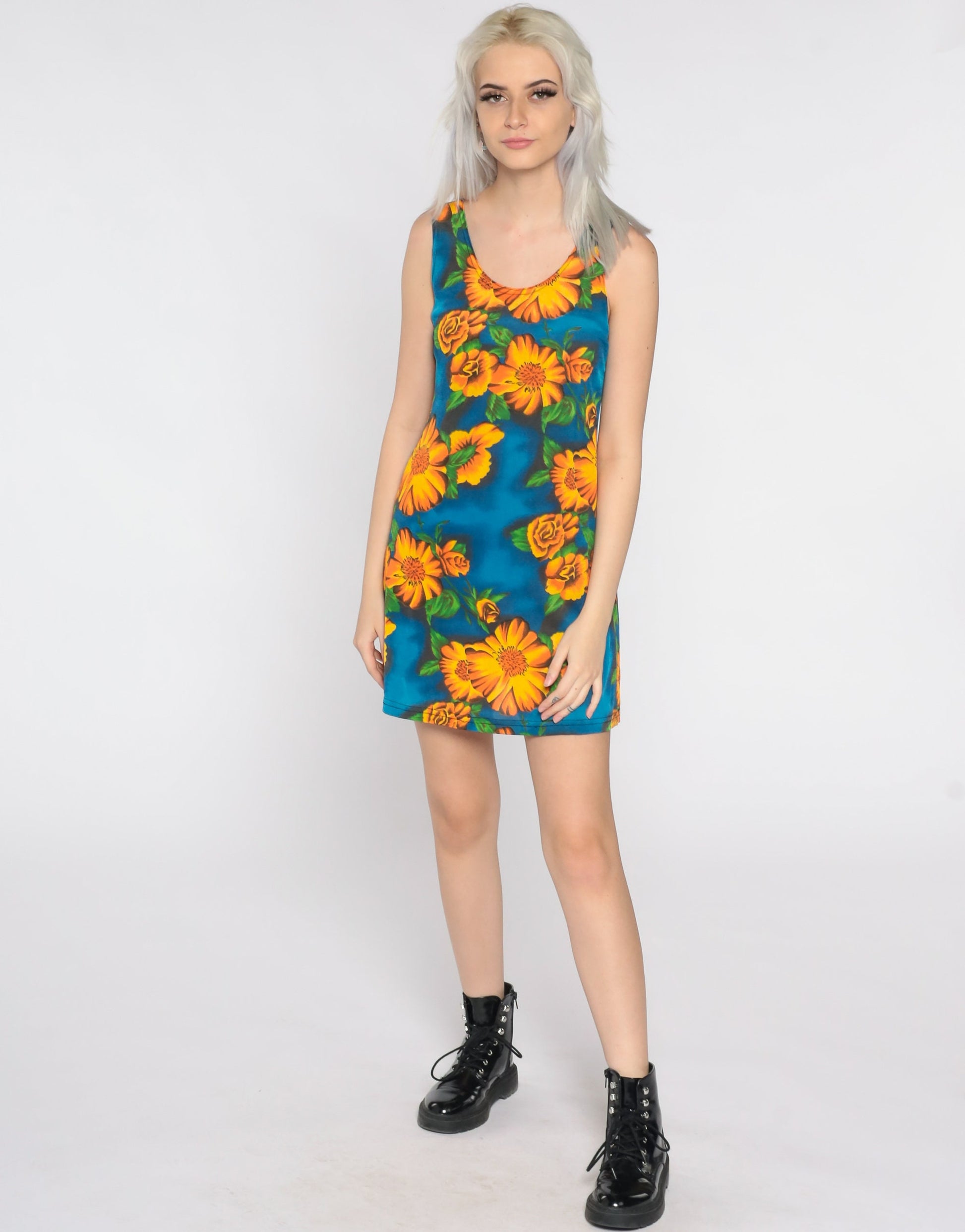 90s Floral Bodycon Mini Dress Blue Yellow Sleeveless Small Medium