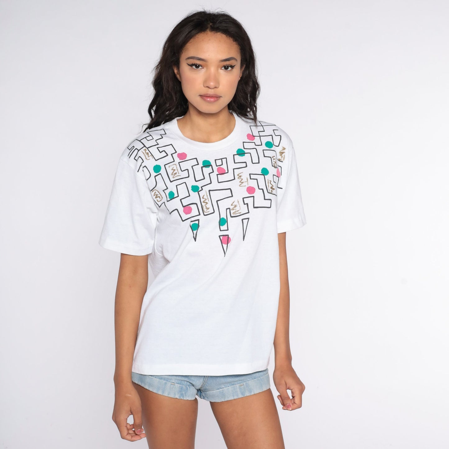 90s Geometric Glitter T-Shirt White Gold Paint Graphic Tee Medium