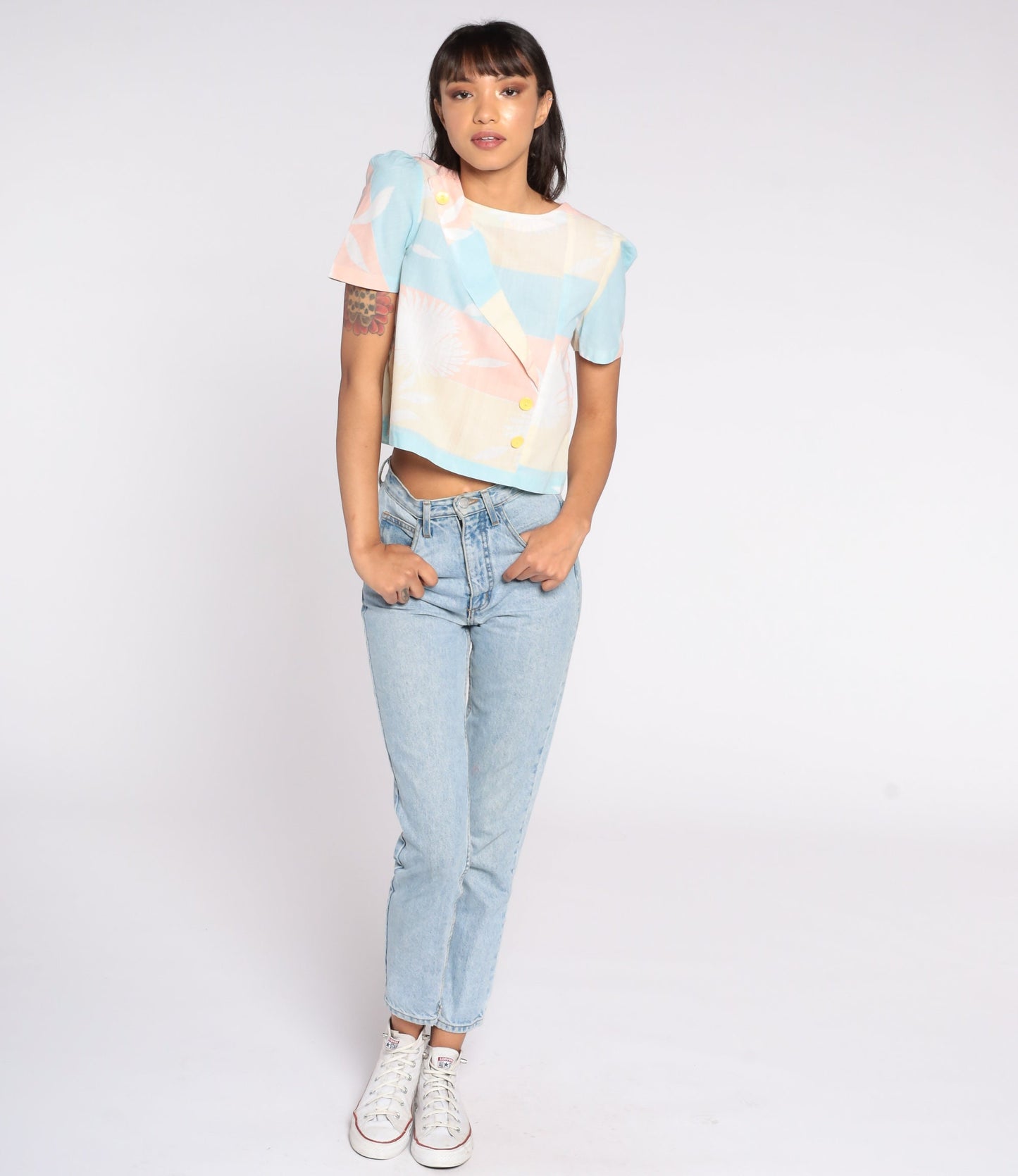 80s Pastel Floral Crop Top Puff Sleeve Blouse Yellow Peach Small