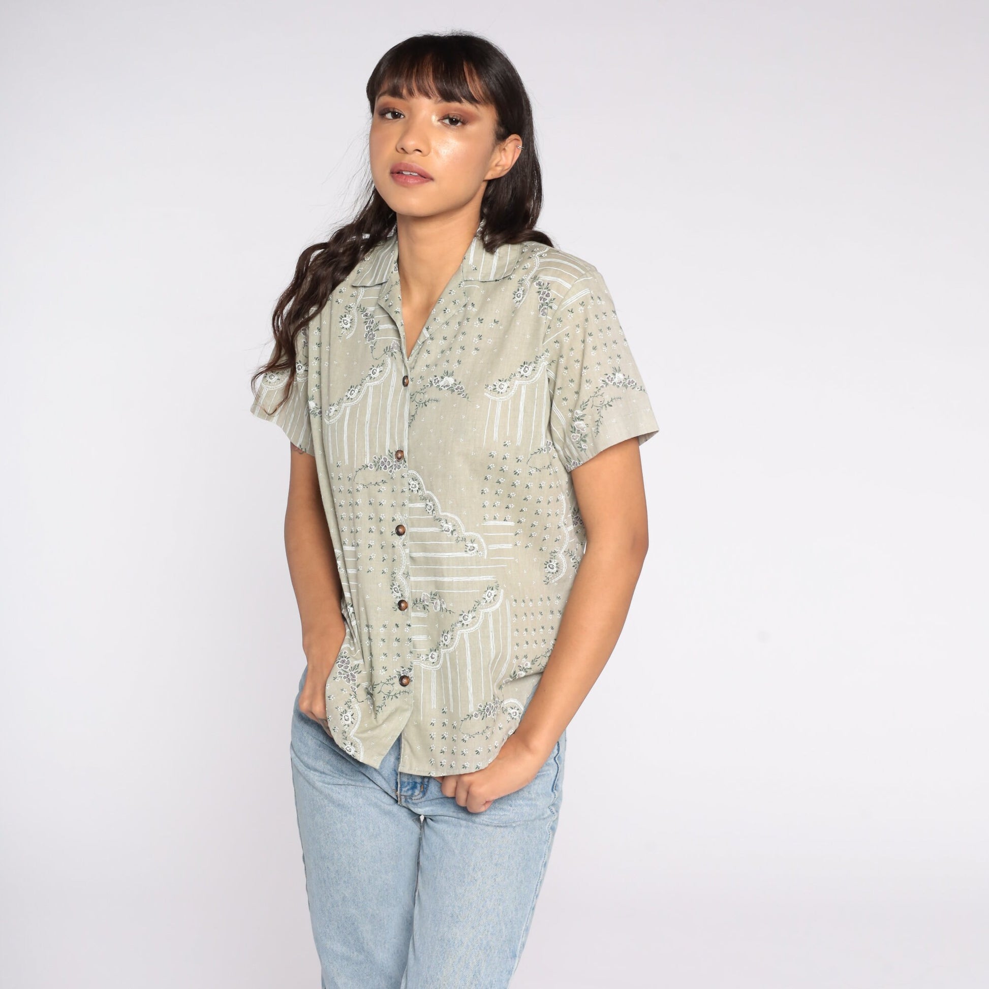 80s Taupe Floral Button-Up Blouse Short Sleeve Petite Small