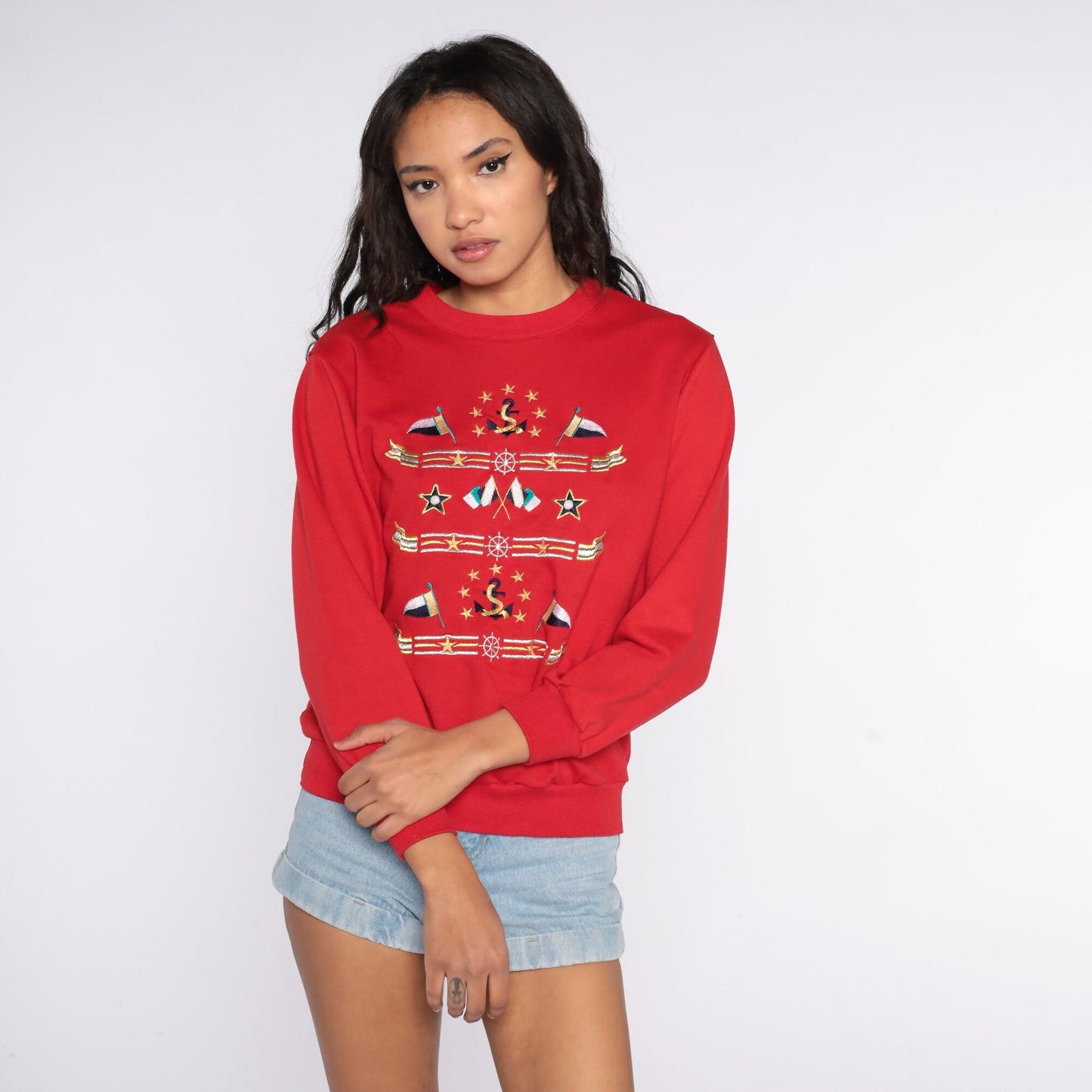 80s Sailor Anchor Nautical Flag Sweatshirt Red Graphic Crewneck Small