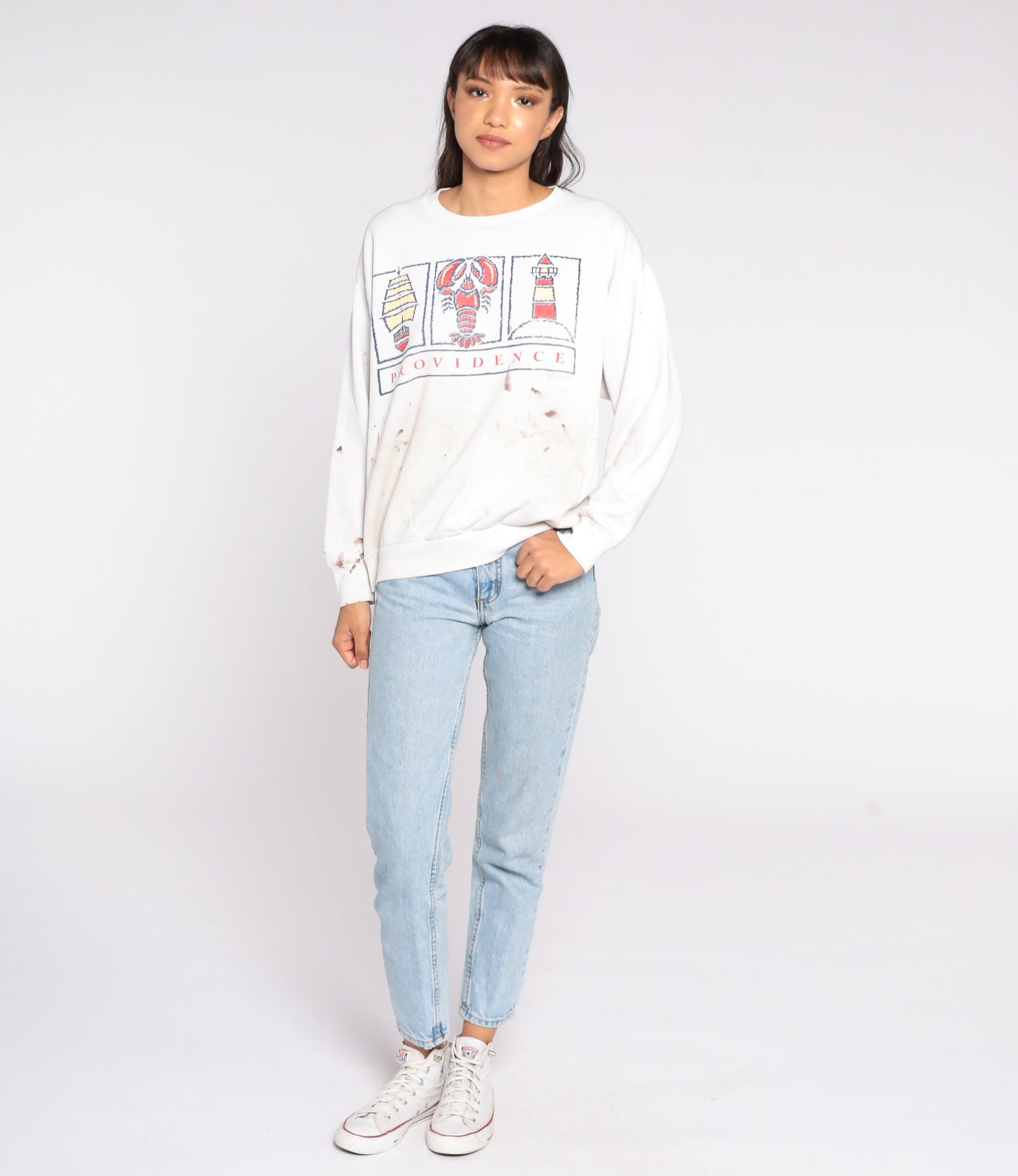 90s Providence Rhode Island Lobster Sweatshirt Paint Splatter Distressed Large