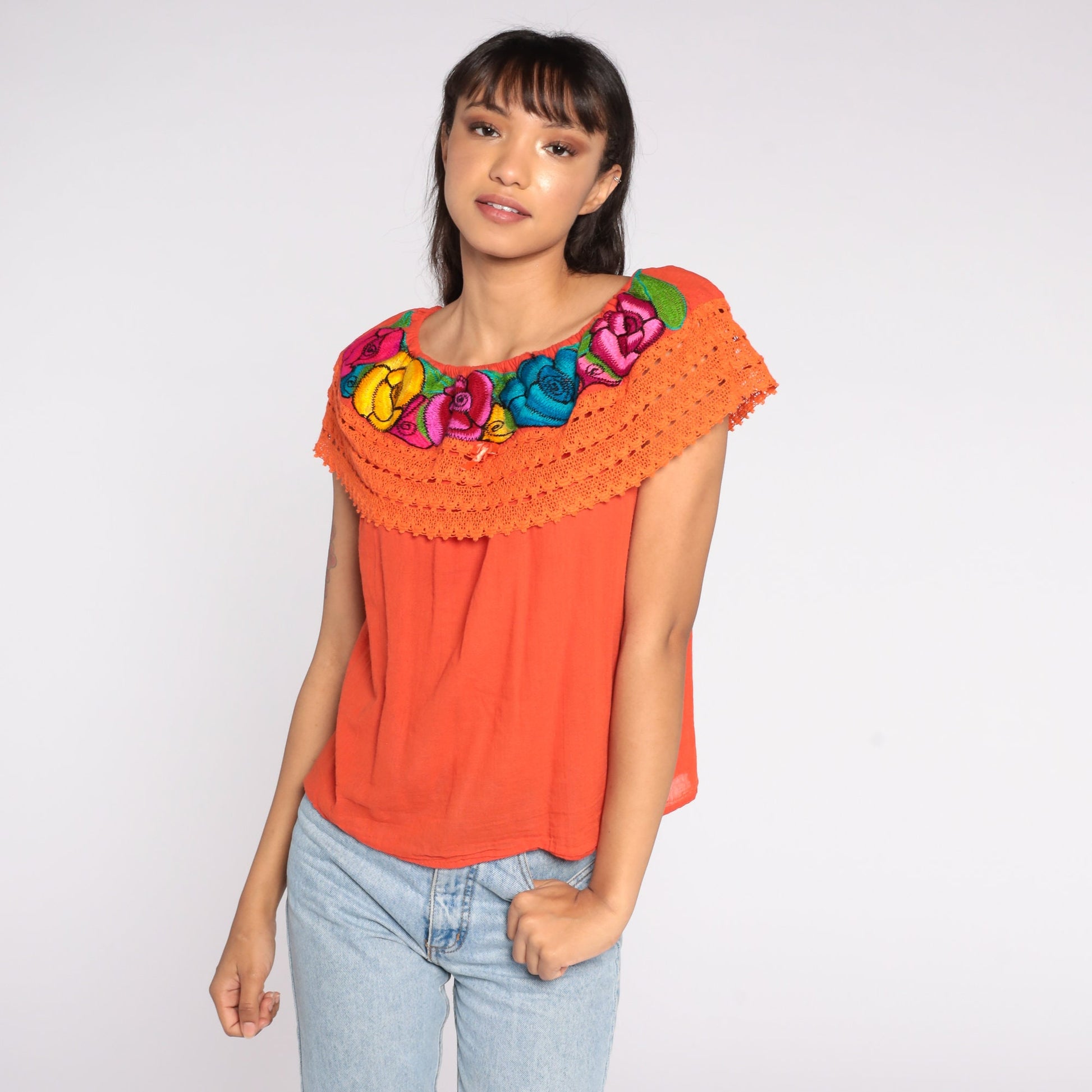 90s Mexican Embroidered Cotton Tunic Blouse Orange Floral Off-Shoulder Small