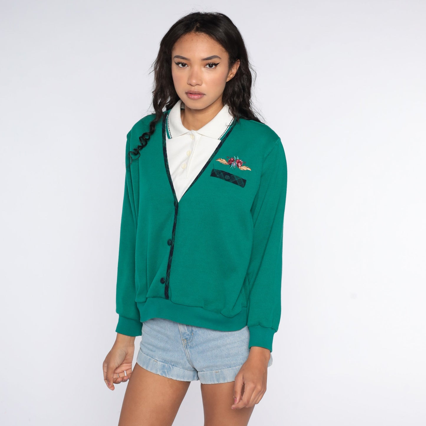 80s Floral Embroidered Sweatshirt Green Layered 2fer Pullover Large L