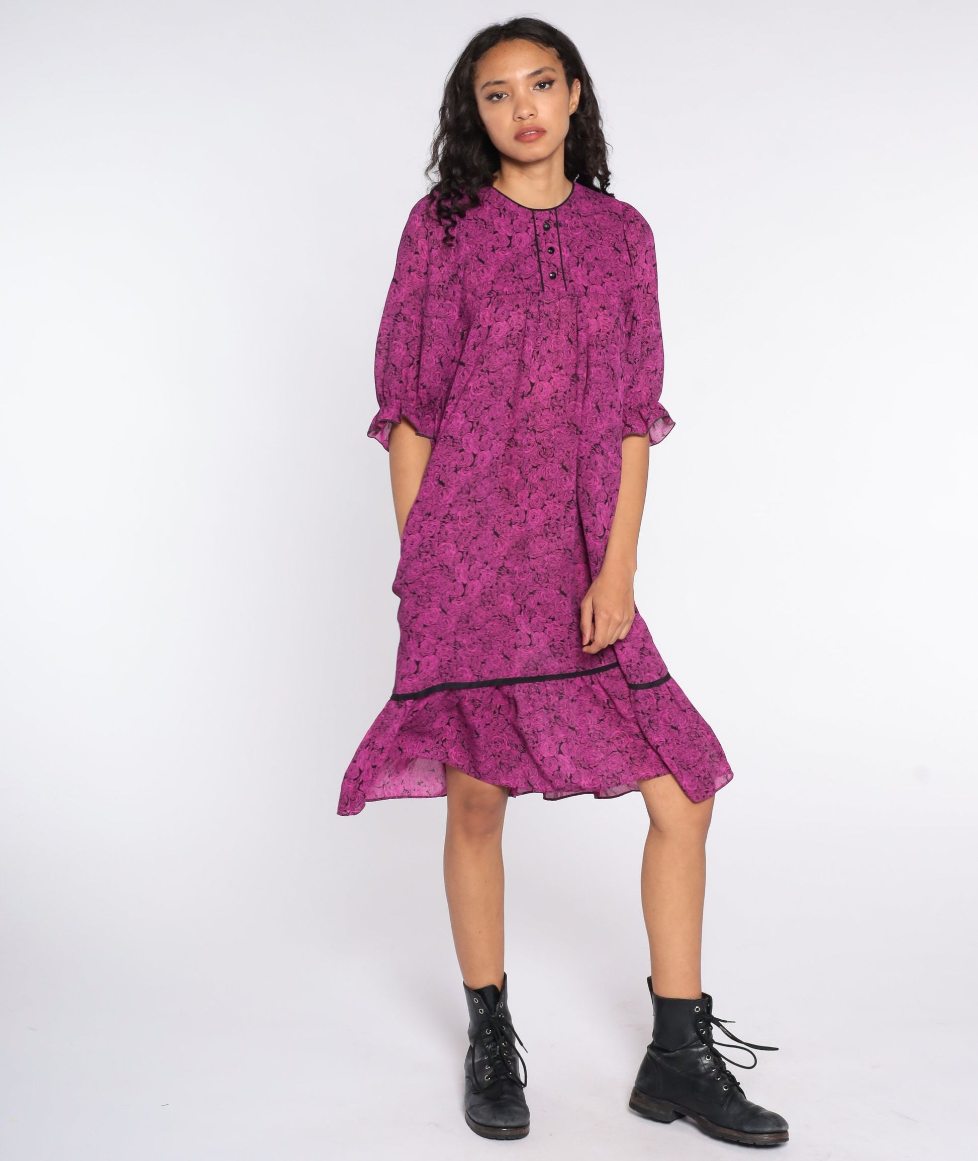 80s Purple Floral Tent Dress Half-Sleeve Trapeze Midi Small