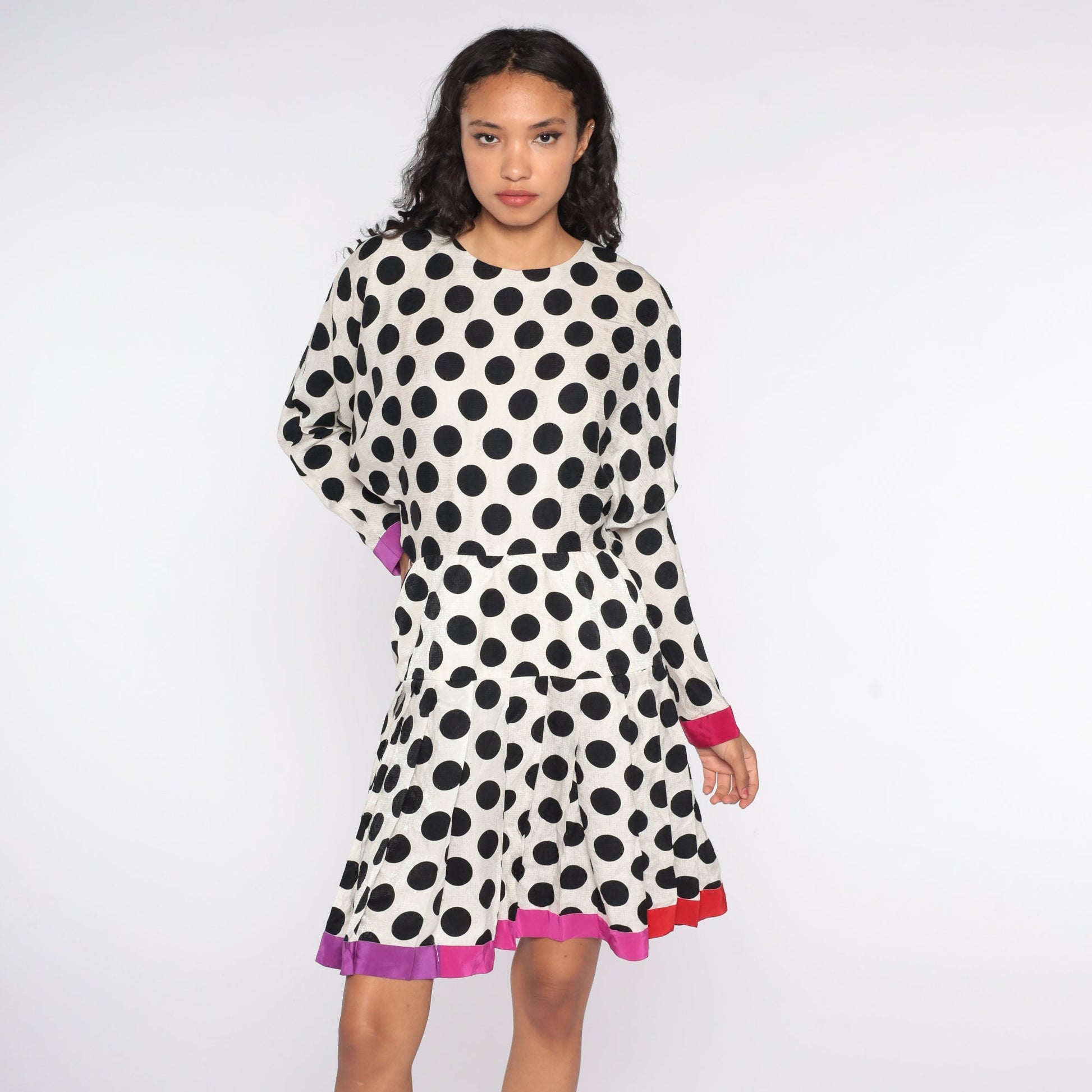 90s Polka Dot Silk Midi Dress Dolman Sleeve Pleated Black White Small