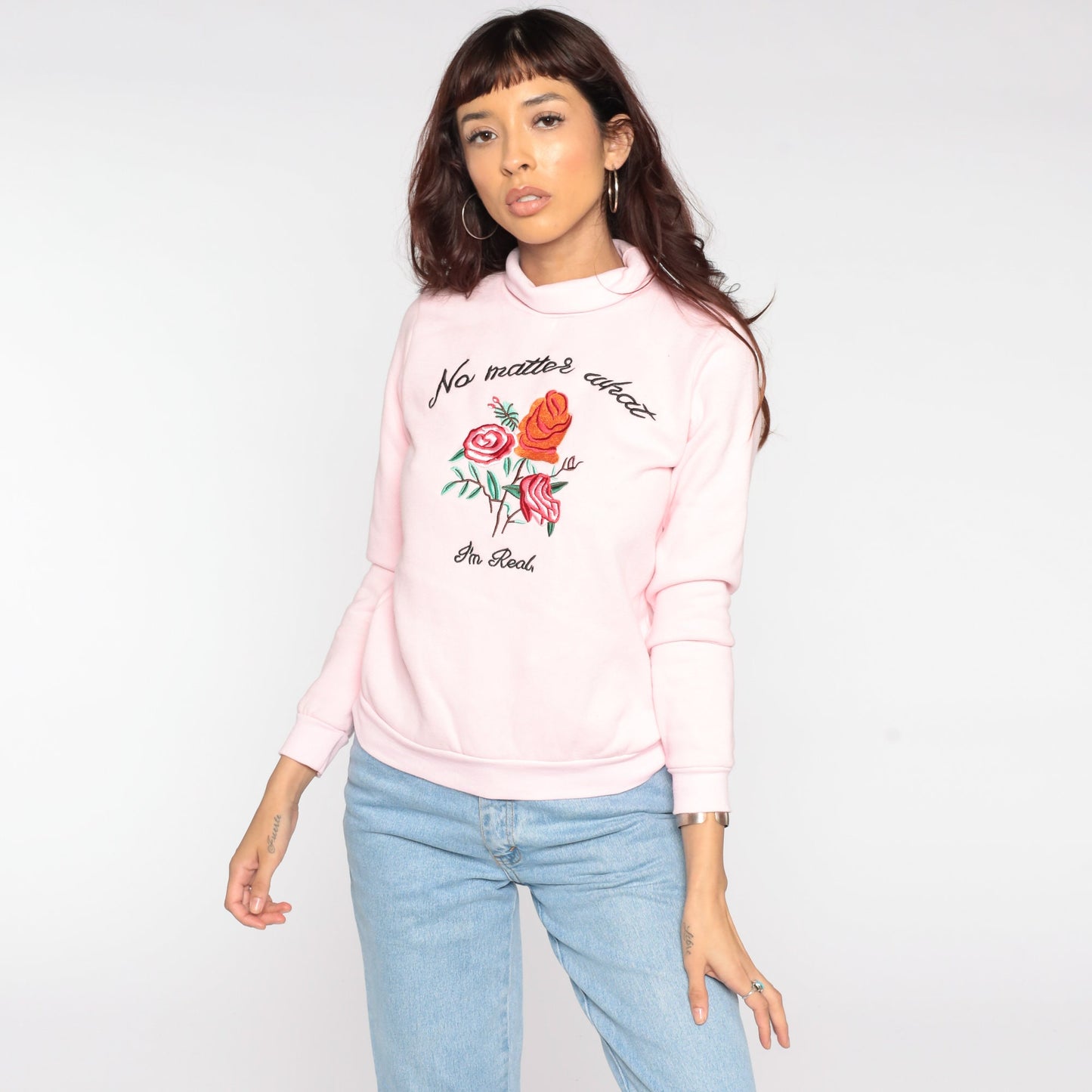 80s No Matter What I'm Real Sweatshirt Floral Embroidered Mock Neck Pink Extra Small