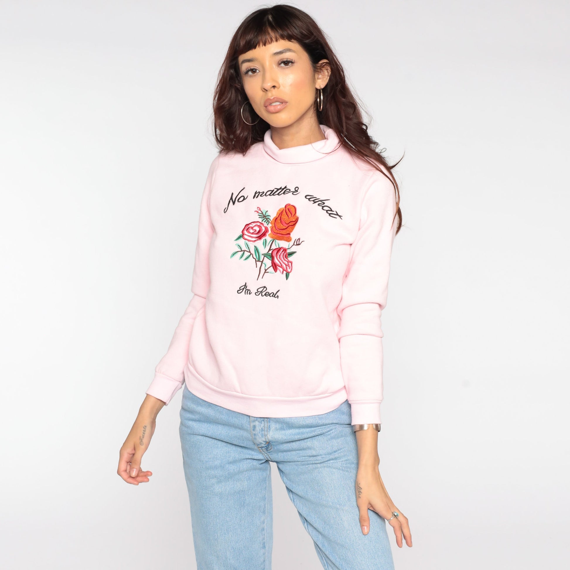 80s No Matter What I'm Real Sweatshirt Floral Embroidered Mock Neck Pink Extra Small