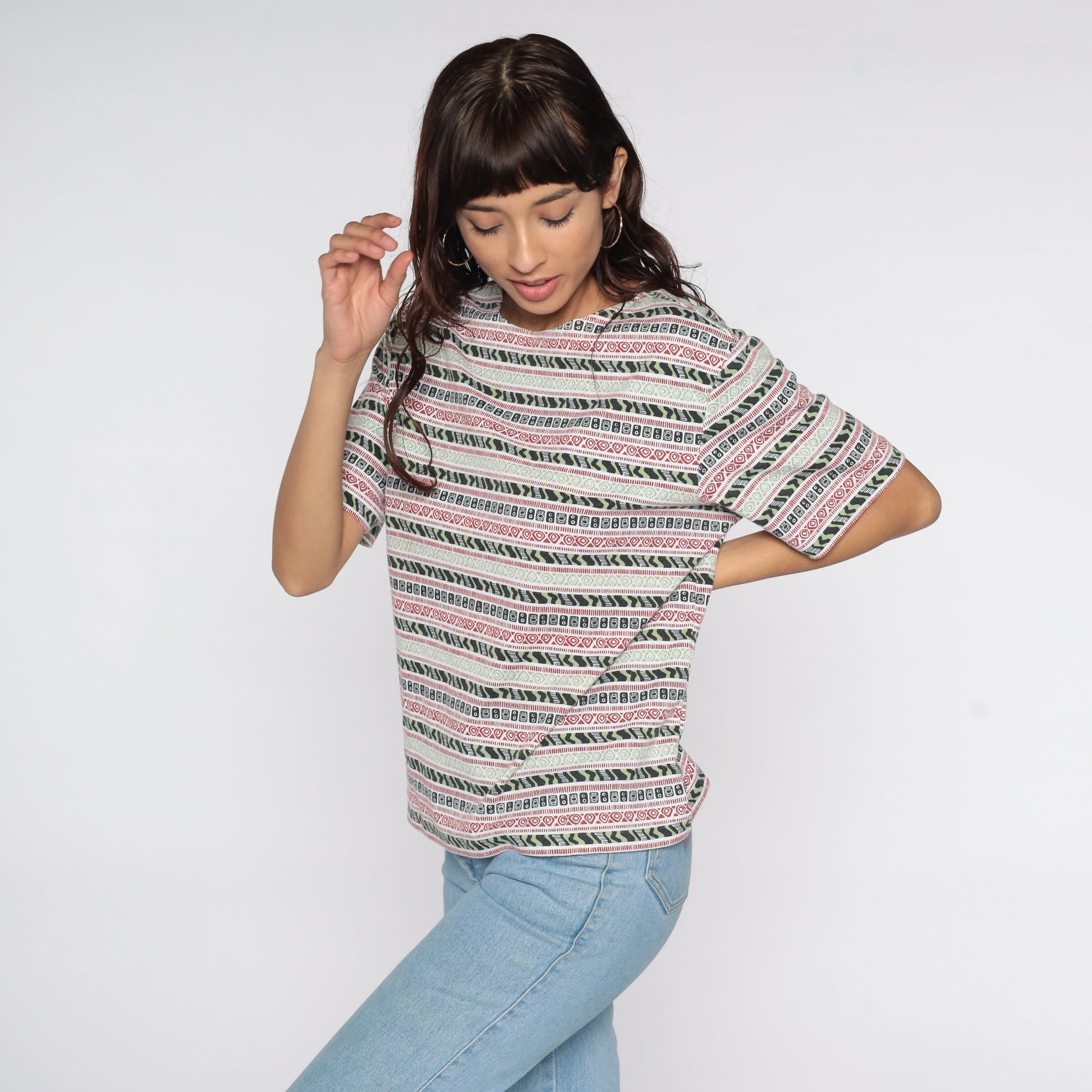 90s Cabin Creek Geometric Striped T-Shirt Grey Cotton Medium