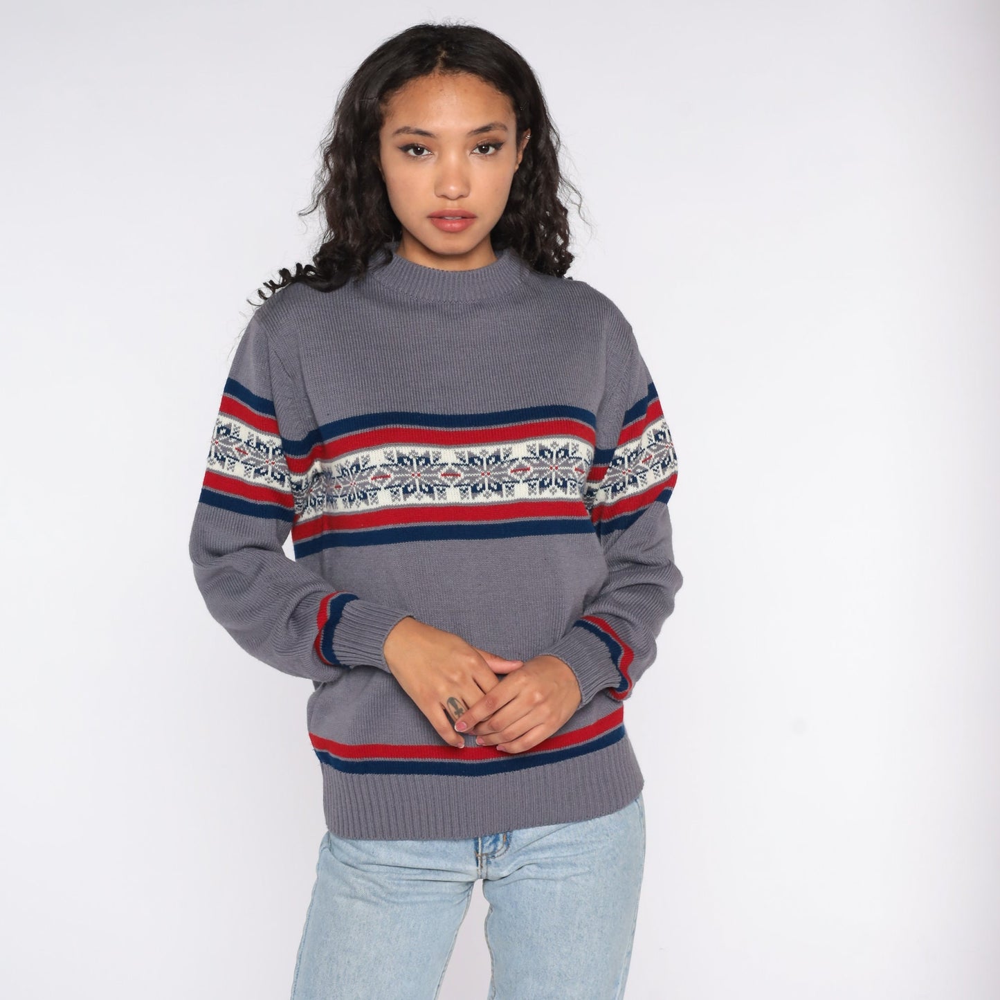 80s Nordic Snowflake Sweater Grey Geometric Fair Isle Knit Large
