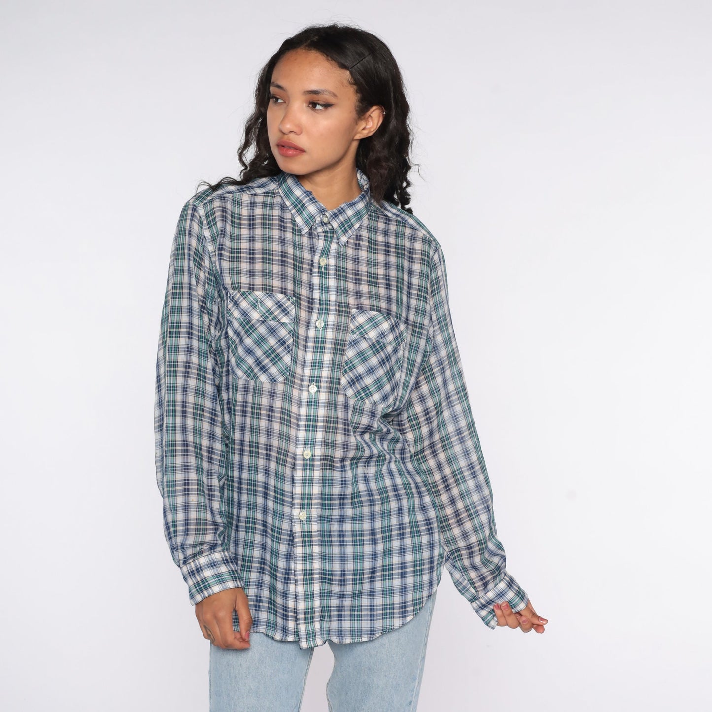 80s Blue Plaid Button Up Shirt Cotton Blend Distressed Large