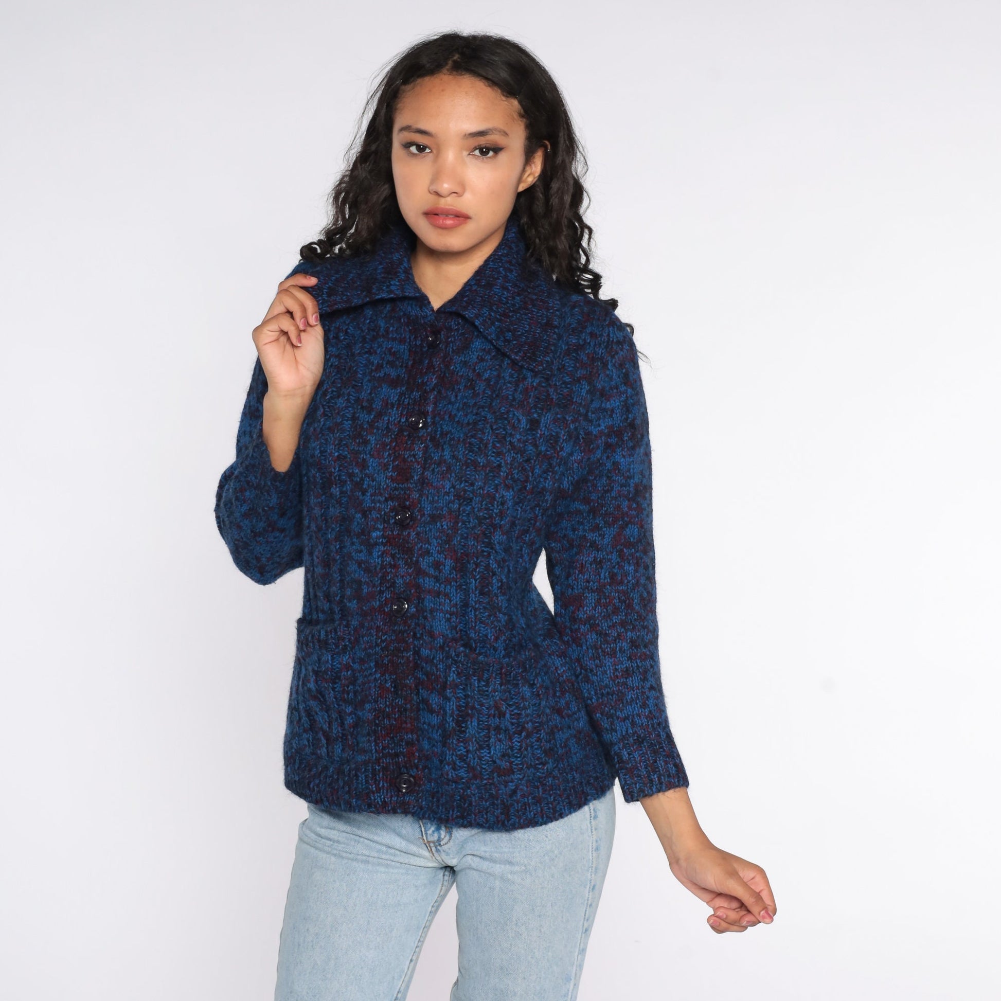 70s Dark Blue Space Dye Cardigan Sweater Button Front Medium