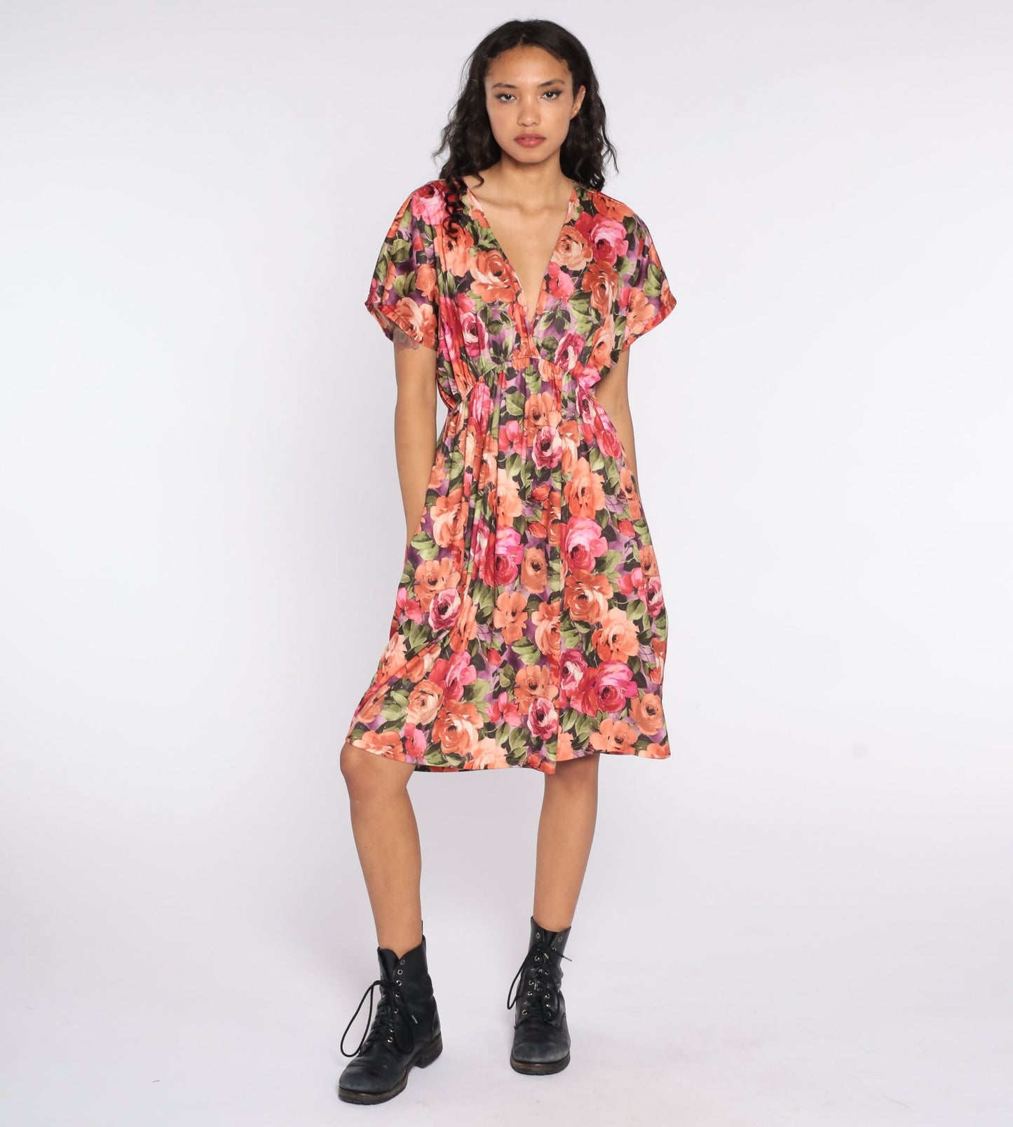 80s Floral Midi Dress Deep V Neck High Waist Short Sleeve Medium