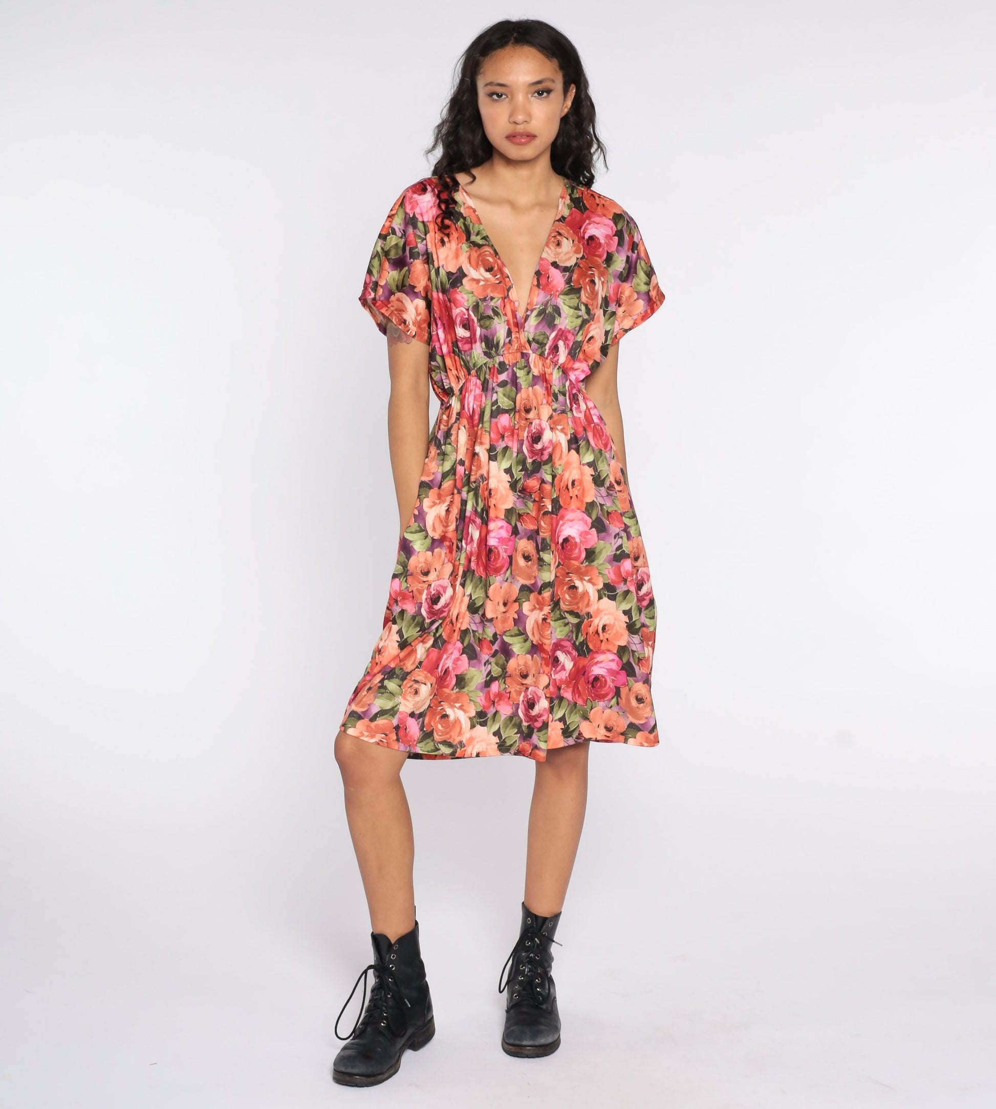 80s Floral Midi Dress Deep V Neck High Waist Short Sleeve Medium