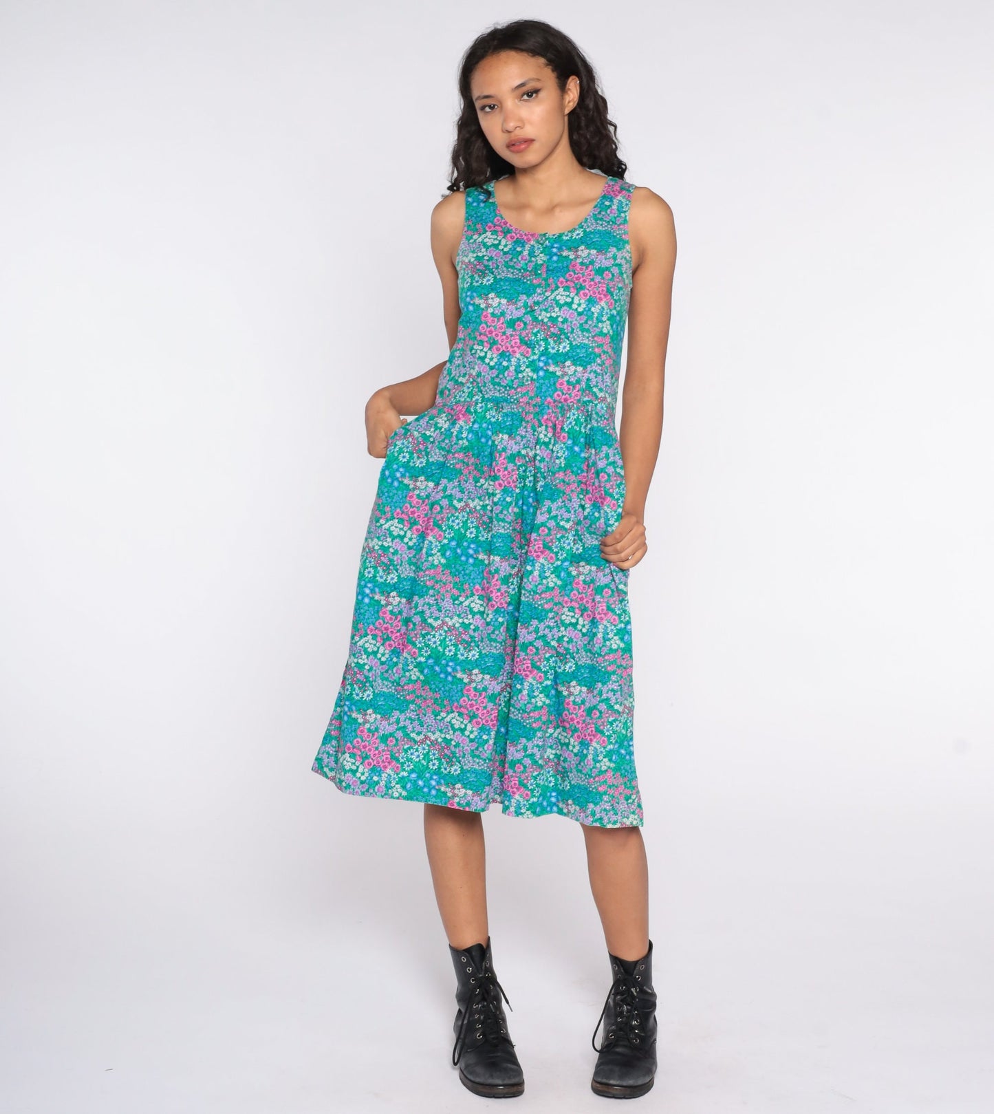 90s Kathy Sunada Floral Jumper Dress Green Midi Button Front Small