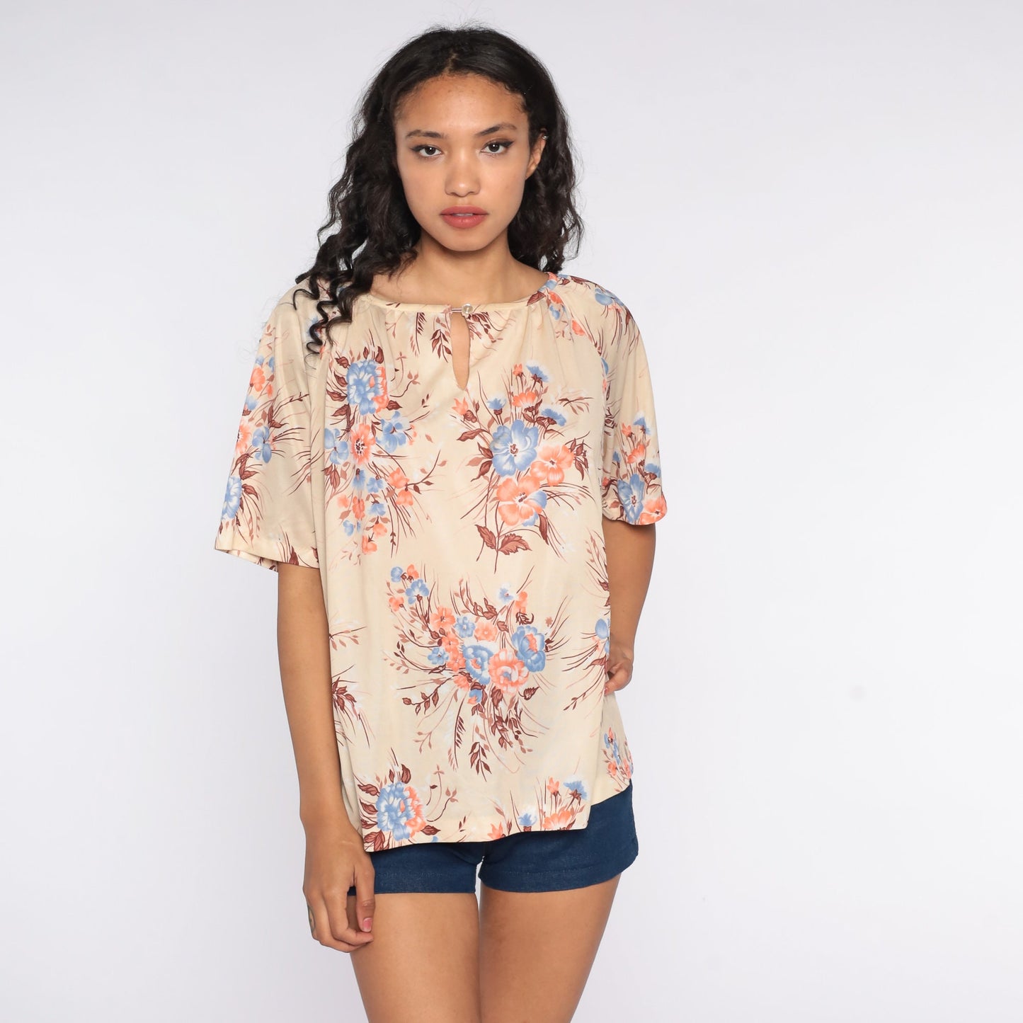 70s Floral Keyhole Blouse Cream Short Sleeve Vintage Shirt Large