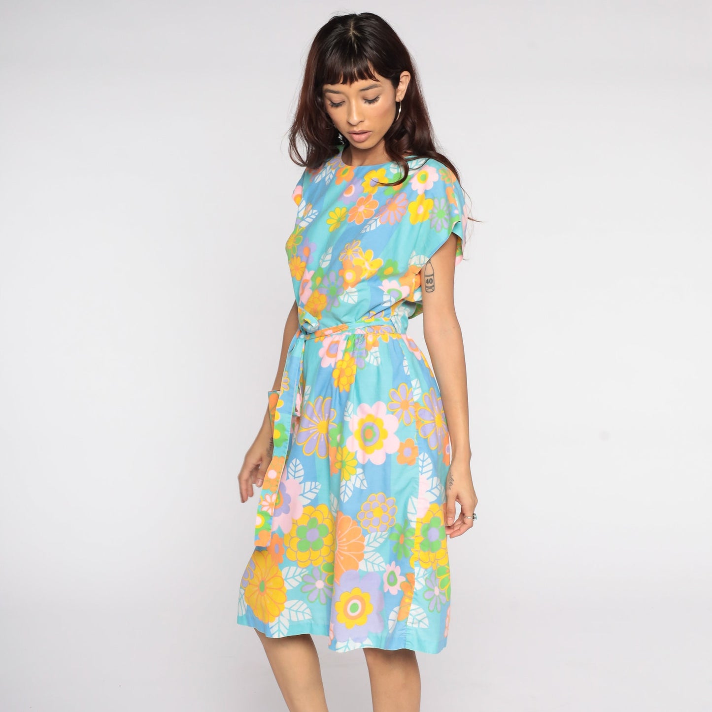 1960s Floral Wrap Dress Midi Blue Orange Flower Print Large L