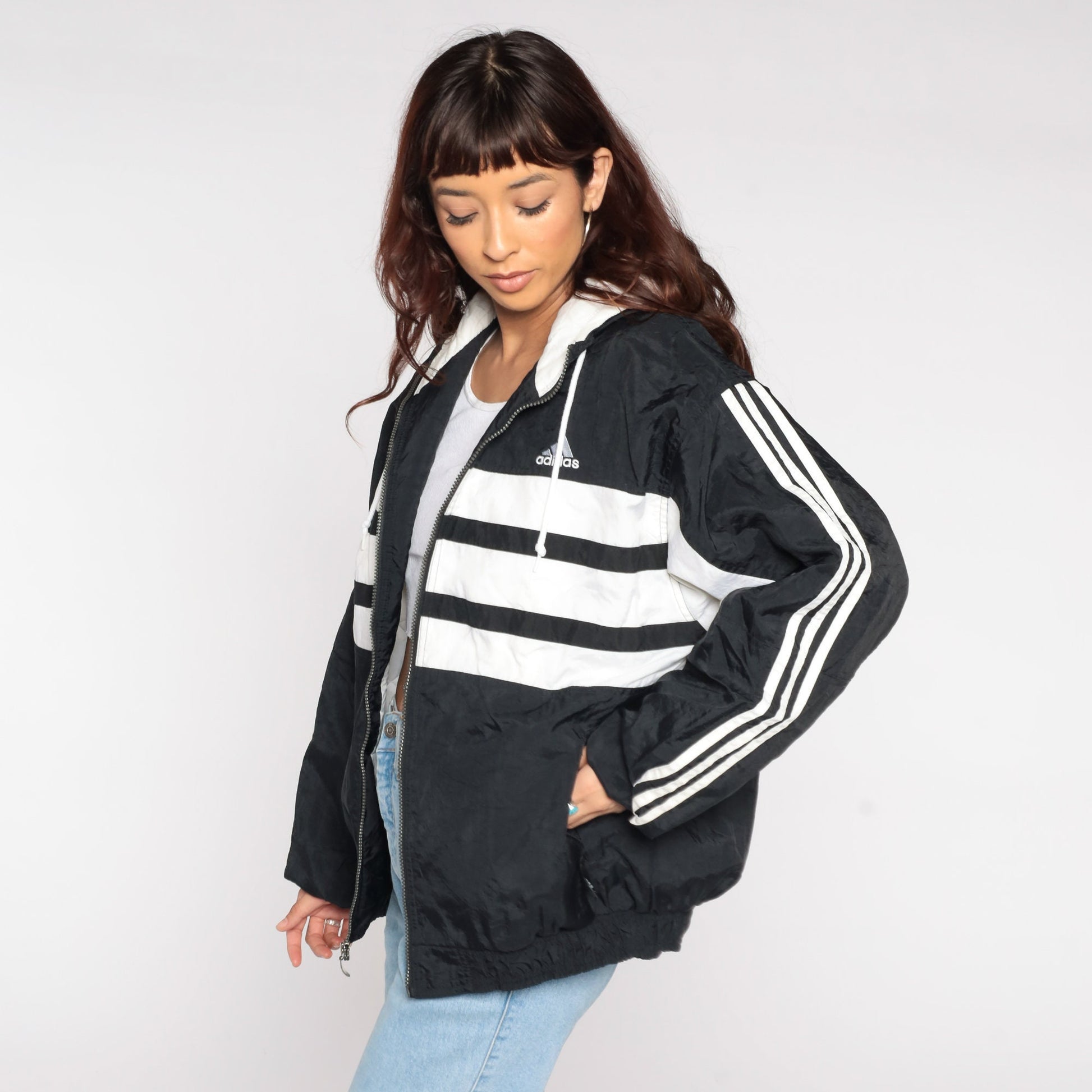 90s Adidas Black Nylon Hooded Jacket Striped Medium