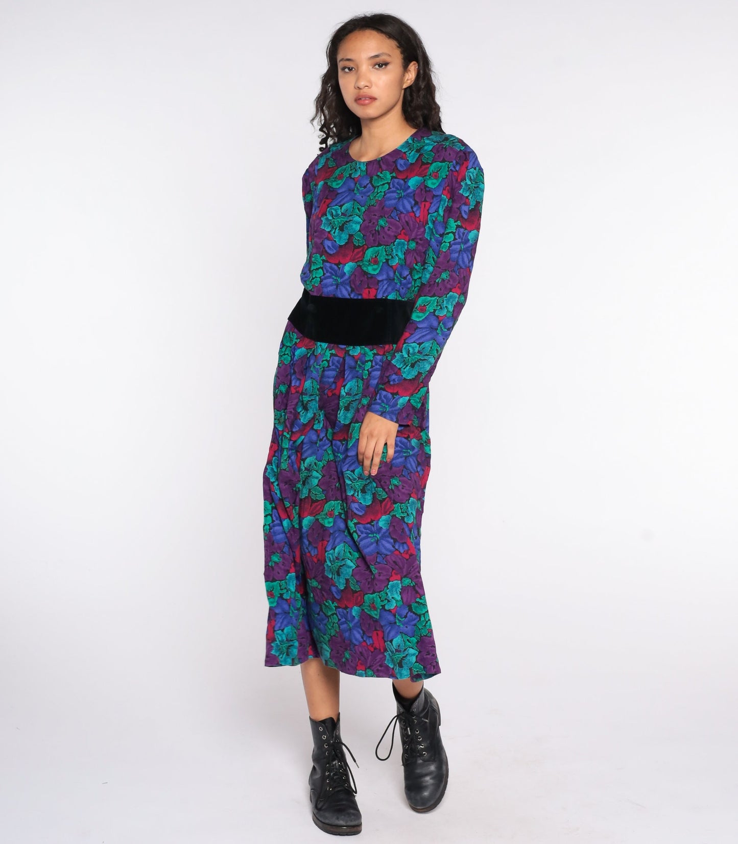 80s Floral Midi Dress High Waist Long Sleeve Pleated Print Medium