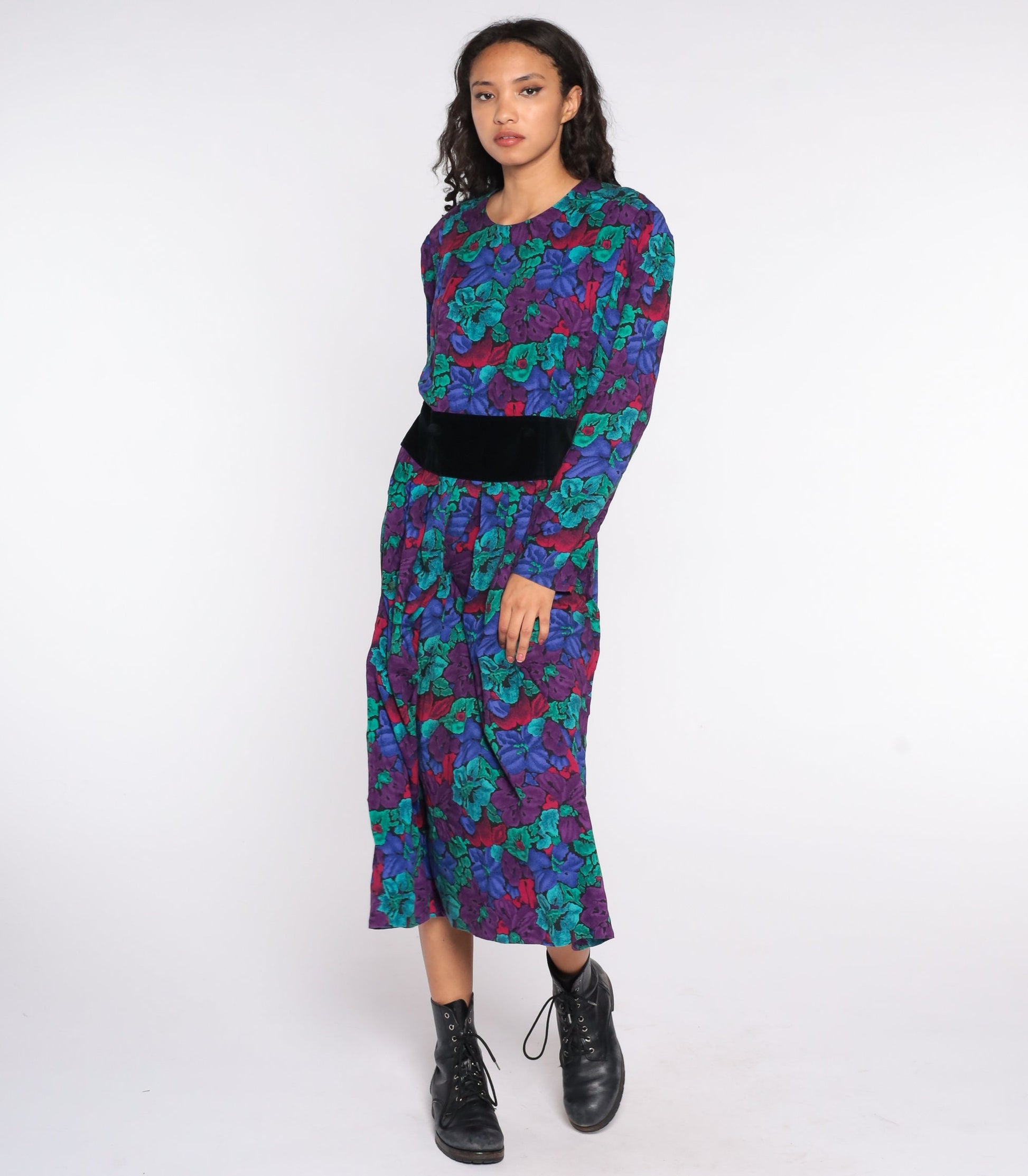 80s Floral Midi Dress High Waist Long Sleeve Pleated Print Medium