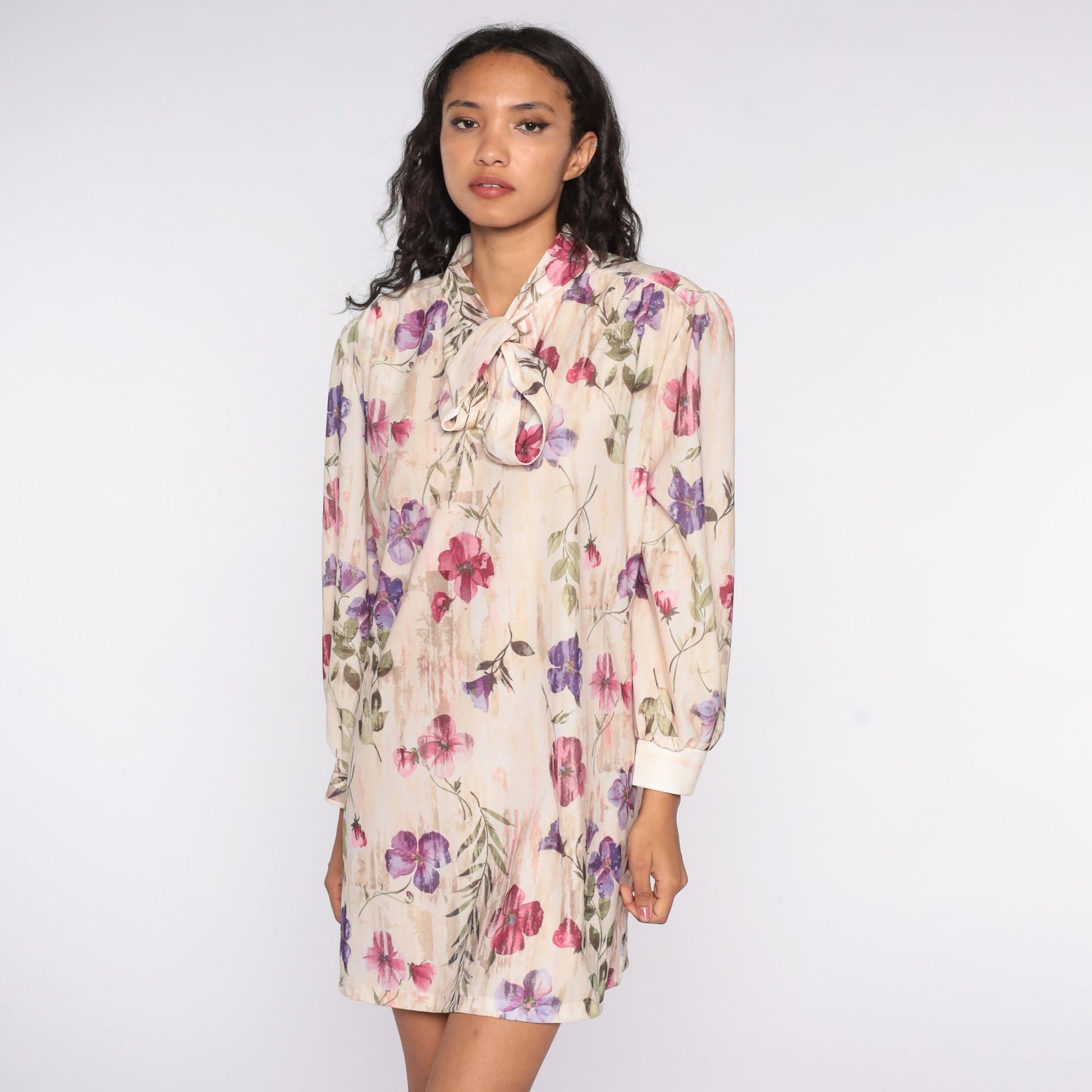 70s Floral Necktie Mini Dress Plus Size Long Sleeve Pullover XXL