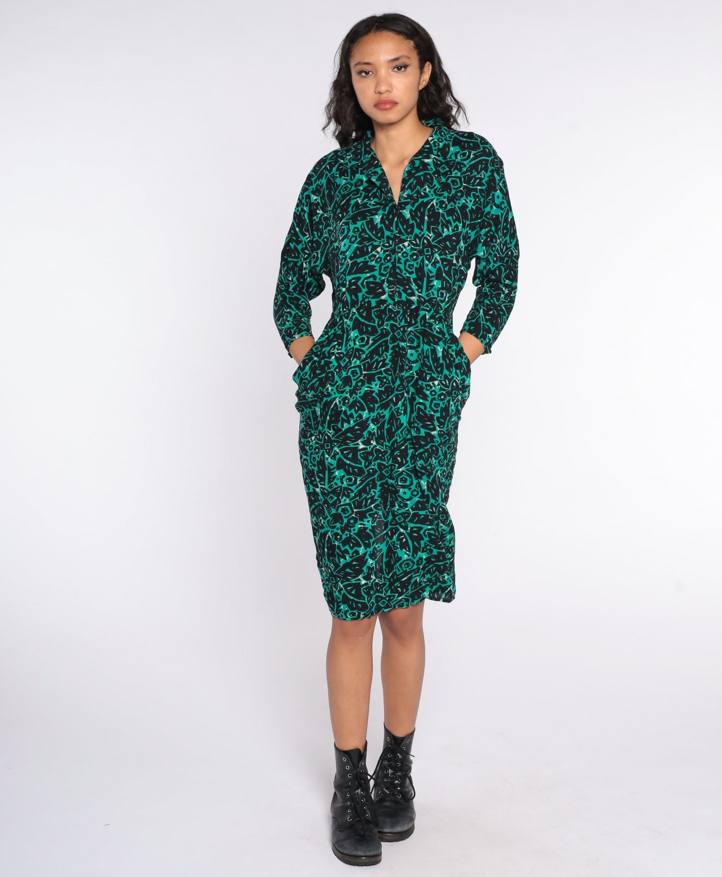 80s Tropical Jungle Print Midi Dress High Waisted Pencil Button Up Green Small