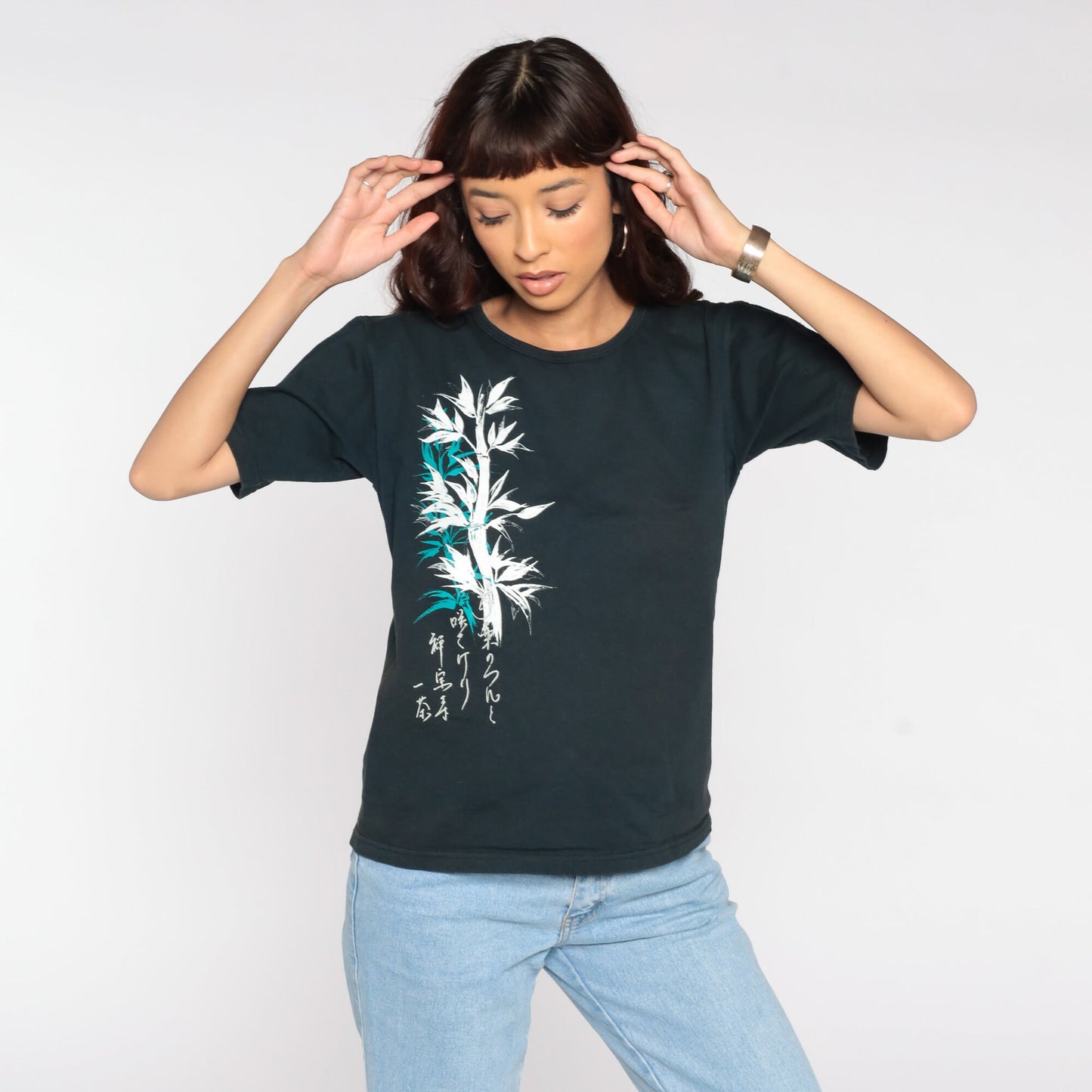 90s Bamboo Print Graphic T-Shirt Black Cotton Tee Medium