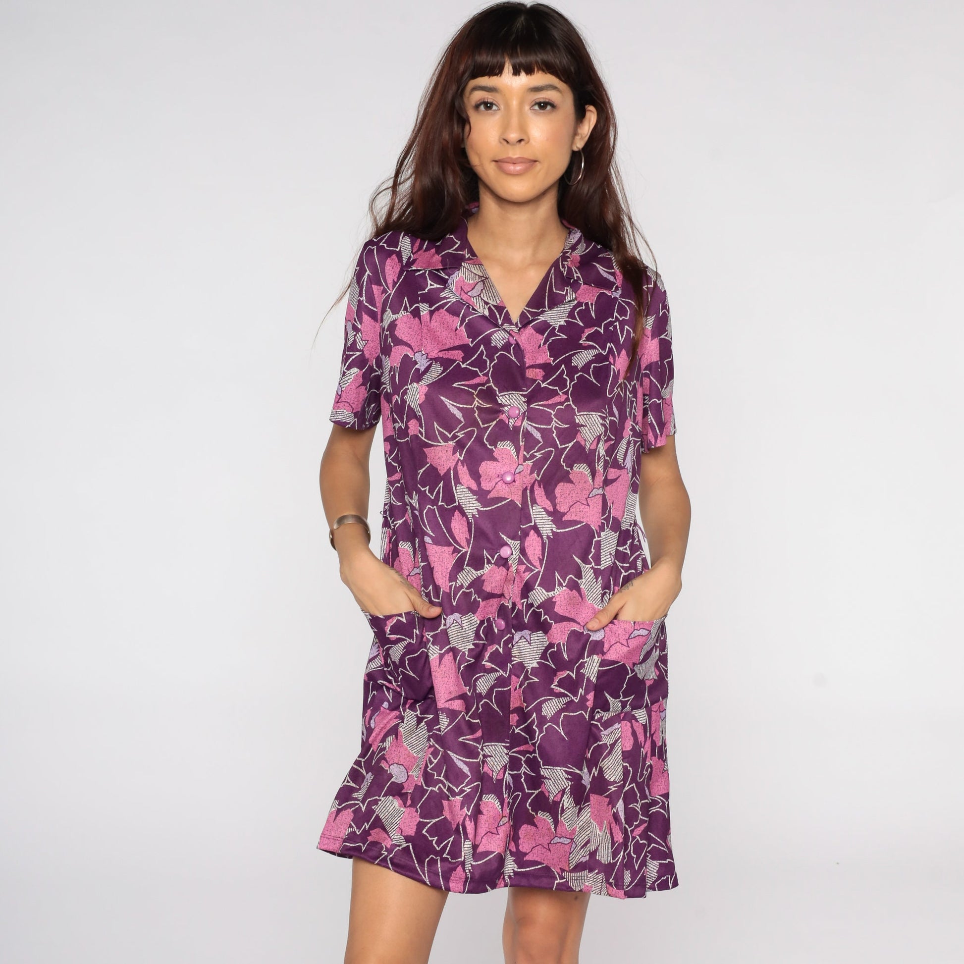 60s Purple Floral Shift Dress Button Front Mini Short Sleeve Extra Small