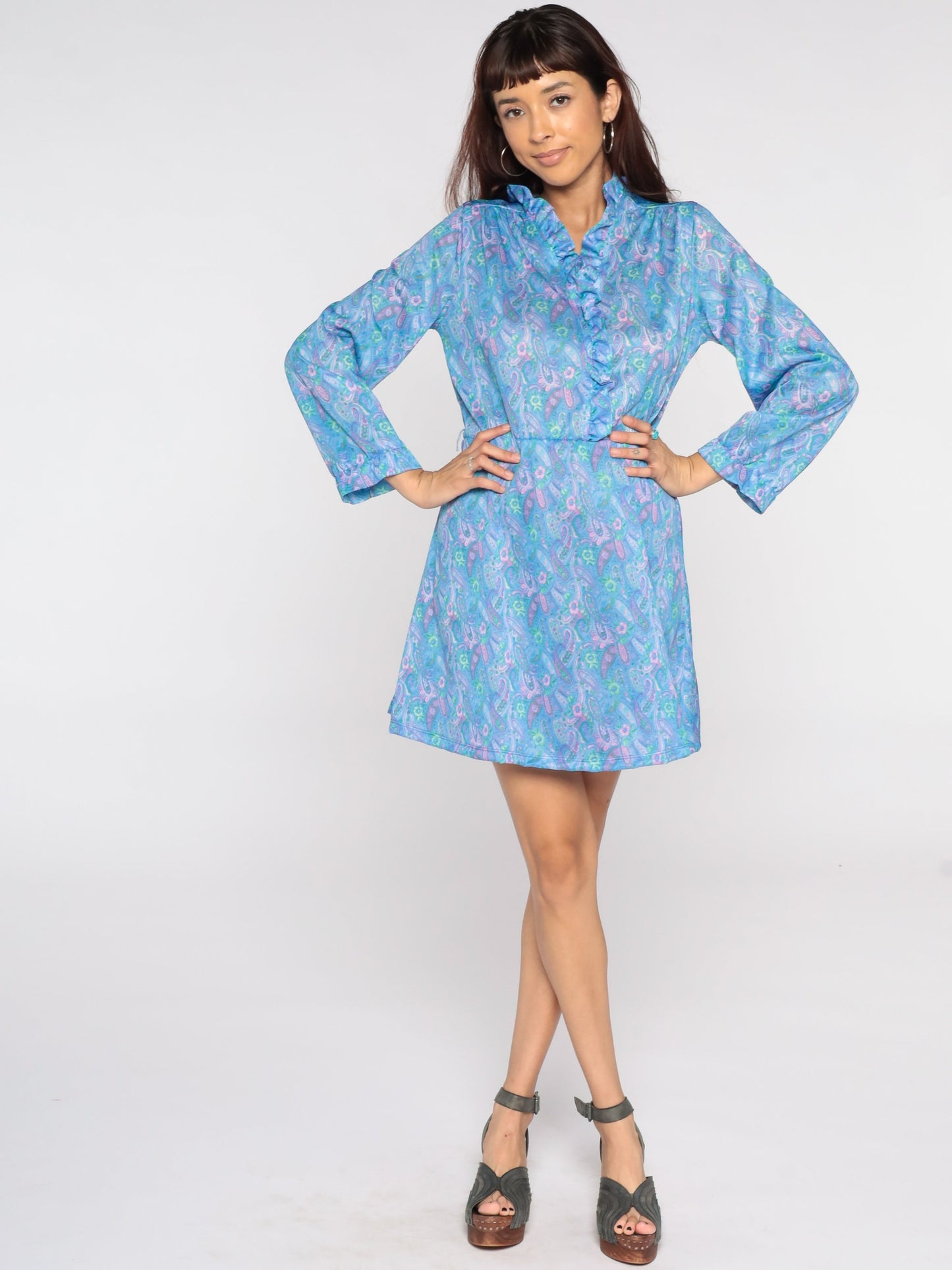 80s Blue Paisley Print Mini Dress Long Sleeve High Waist Ruffle V Neck Medium