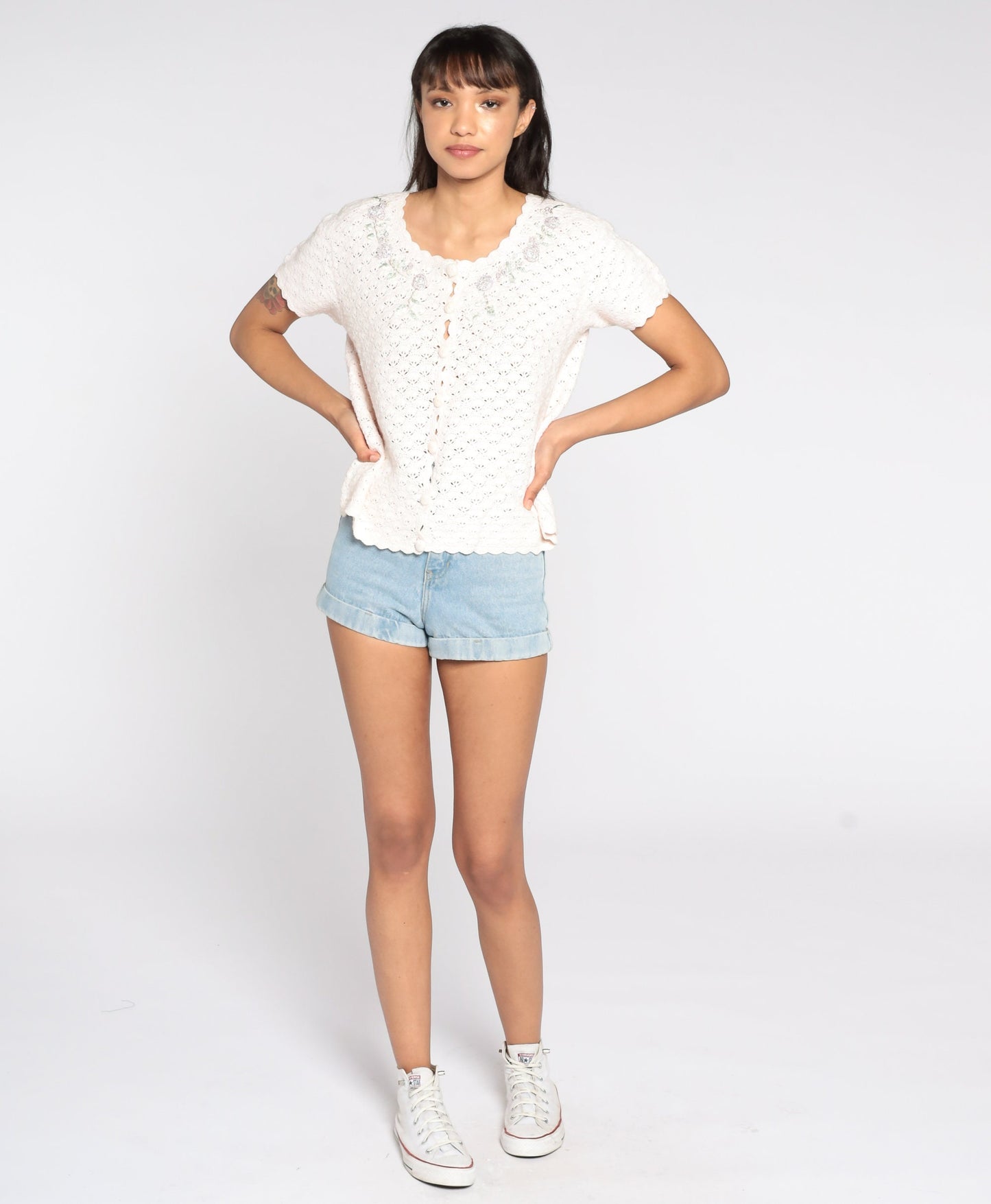 90s White Crochet Blouse Floral Embroidery Button-Up Short Sleeve Medium Large